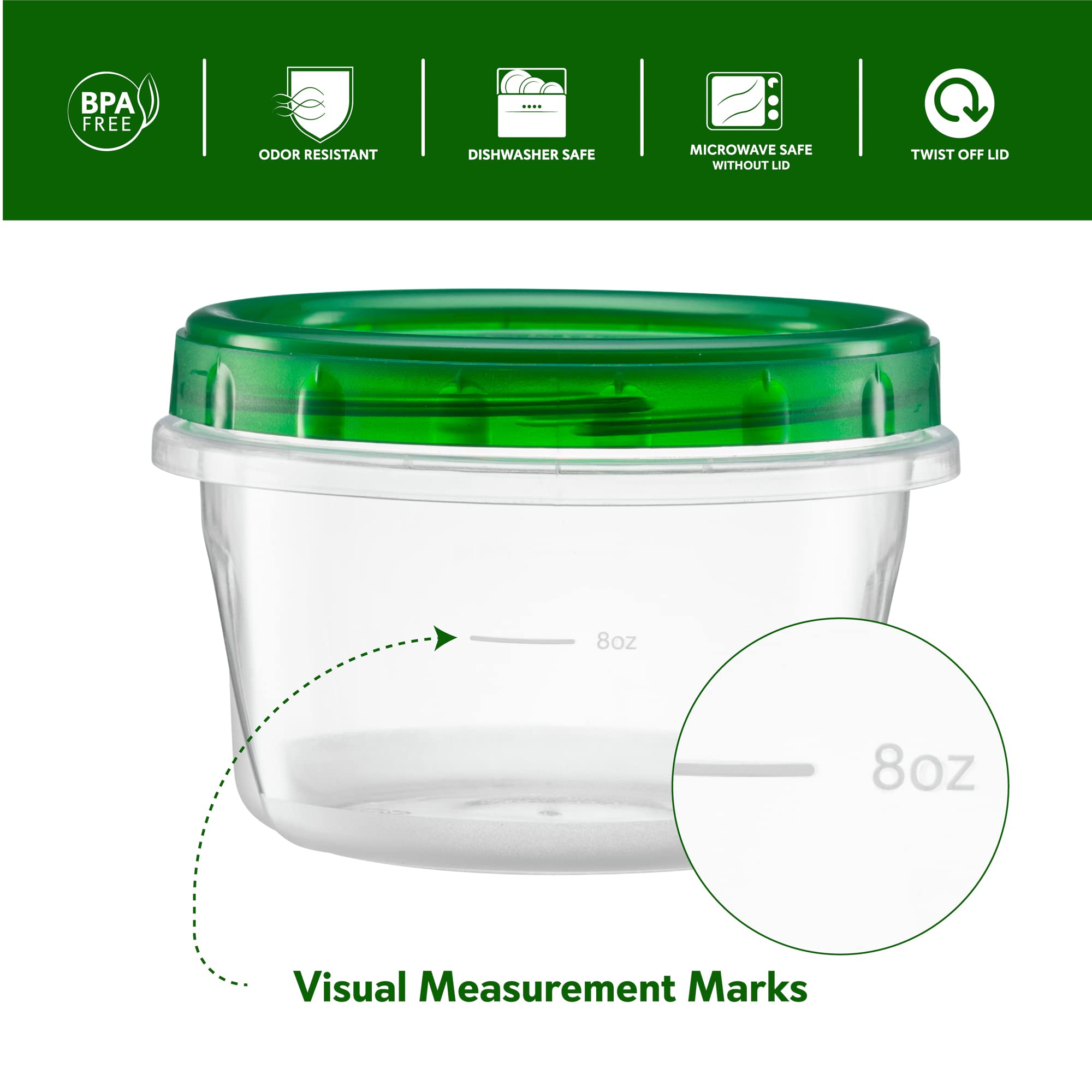 20 Pack 8oz Clear Plastic Food Storage Containers with Green Screw-On Lids - Freezer Safe Twist Cap Containers for Meal Prep, Leftovers & Snacks