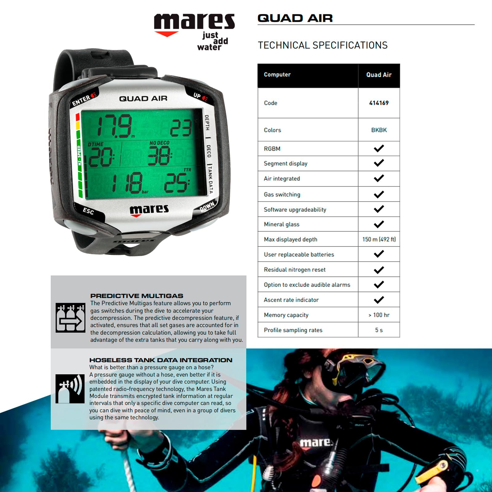 MARES Quad Air Smart Wrist Dive Computer for Scuba Diving - Black | Depth Gauge, Digital Compass & Nitrox Compatible | Perfect for Underwater Exploration & Professional Diving (Model 414169-BKBK)