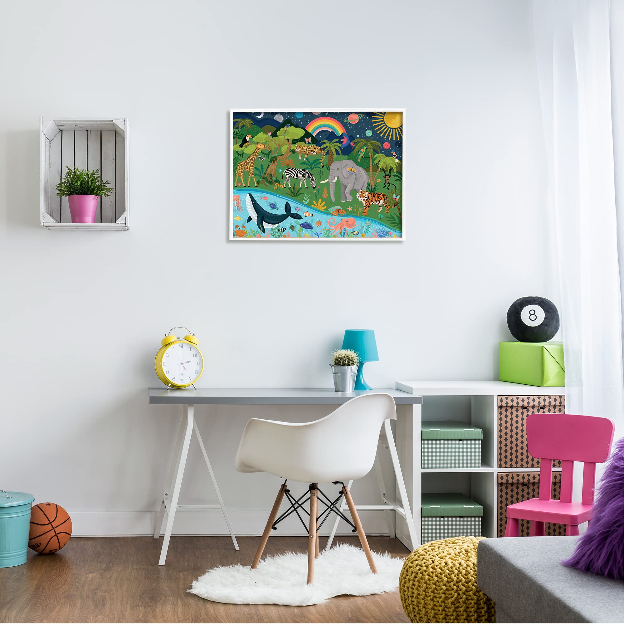 Stupell Industries Jungle Animals & Sea Creatures Wall Art Under Night Sky with Planets - Designed by Lisa Perry White - Perfect for Nursery, Kids Room & Playroom Decor