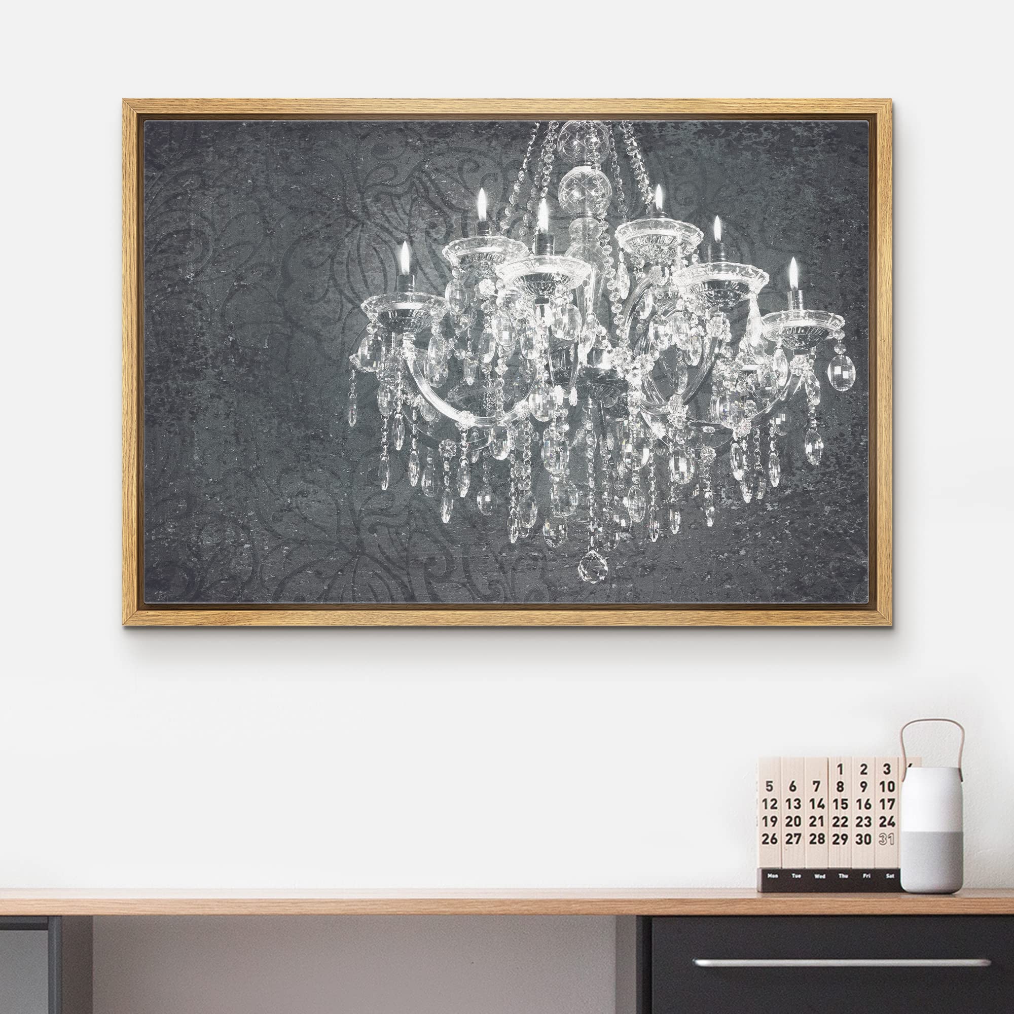 Wall26 Framed Canvas Print - Crystal Chandelier Silhouette Floral Pattern Modern Wall Art for Living Room, Bedroom, Office Decor | 16x24 Inch Natural Wood Frame | Perfect for Home Decor, Wedding Gift & Spa Relaxation