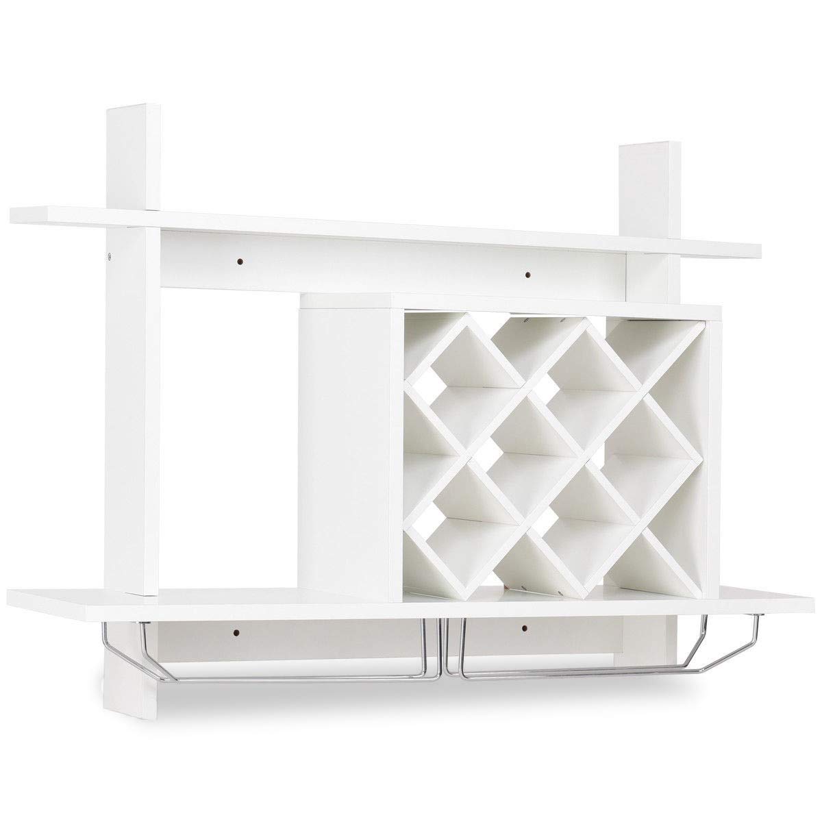 Premium Wall Mount Wine Rack with Glass Holder & Storage Shelf - Space Saving Home Decor for Kitchen, Dining Room or Bar - Lightweight Durable White Wooden Organizer