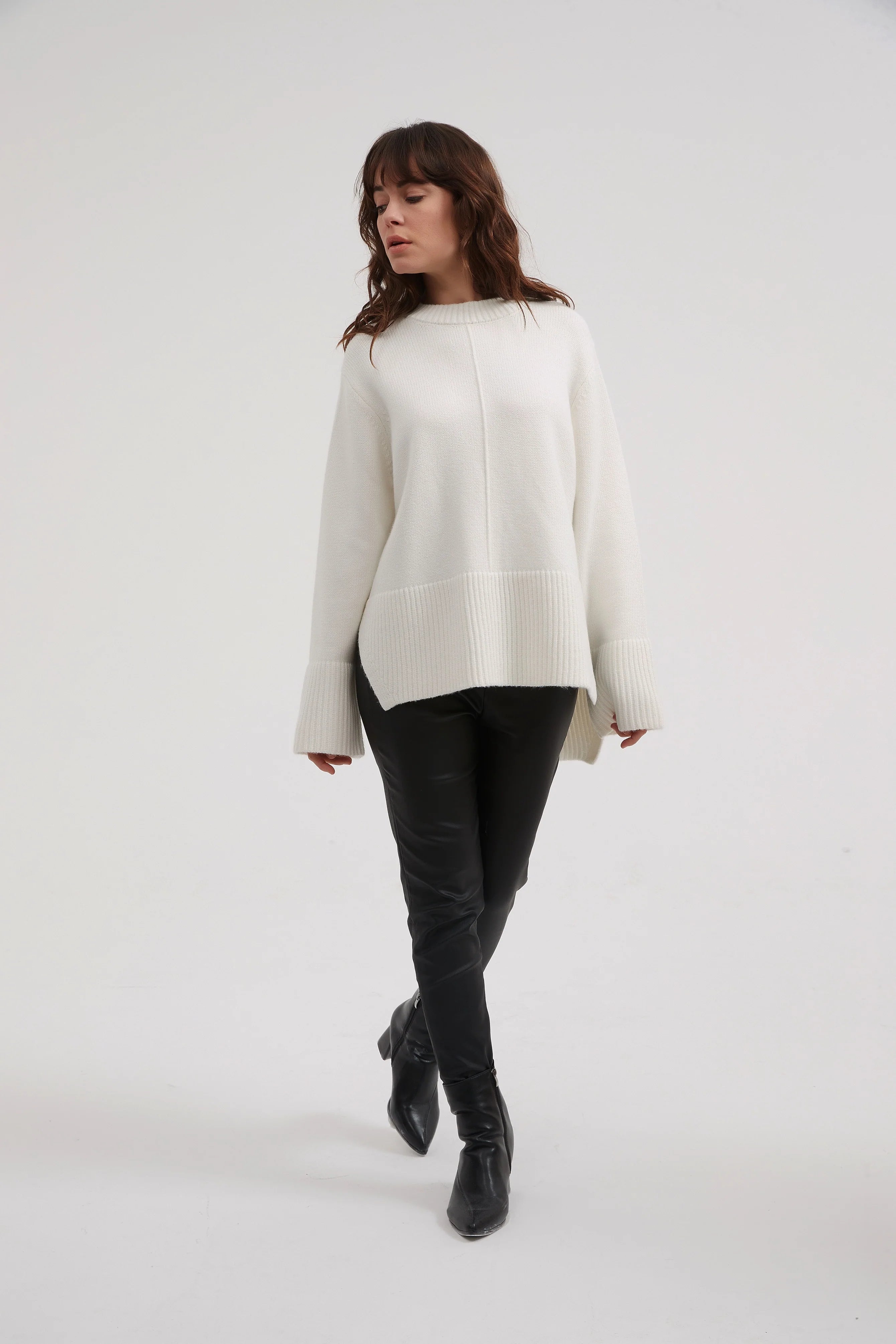 Deep Split Knit Ivory Sweater - Women's Elegant Loose Fit Pullover for Casual & Office Wear | Perfect for Fall & Winter Outfits