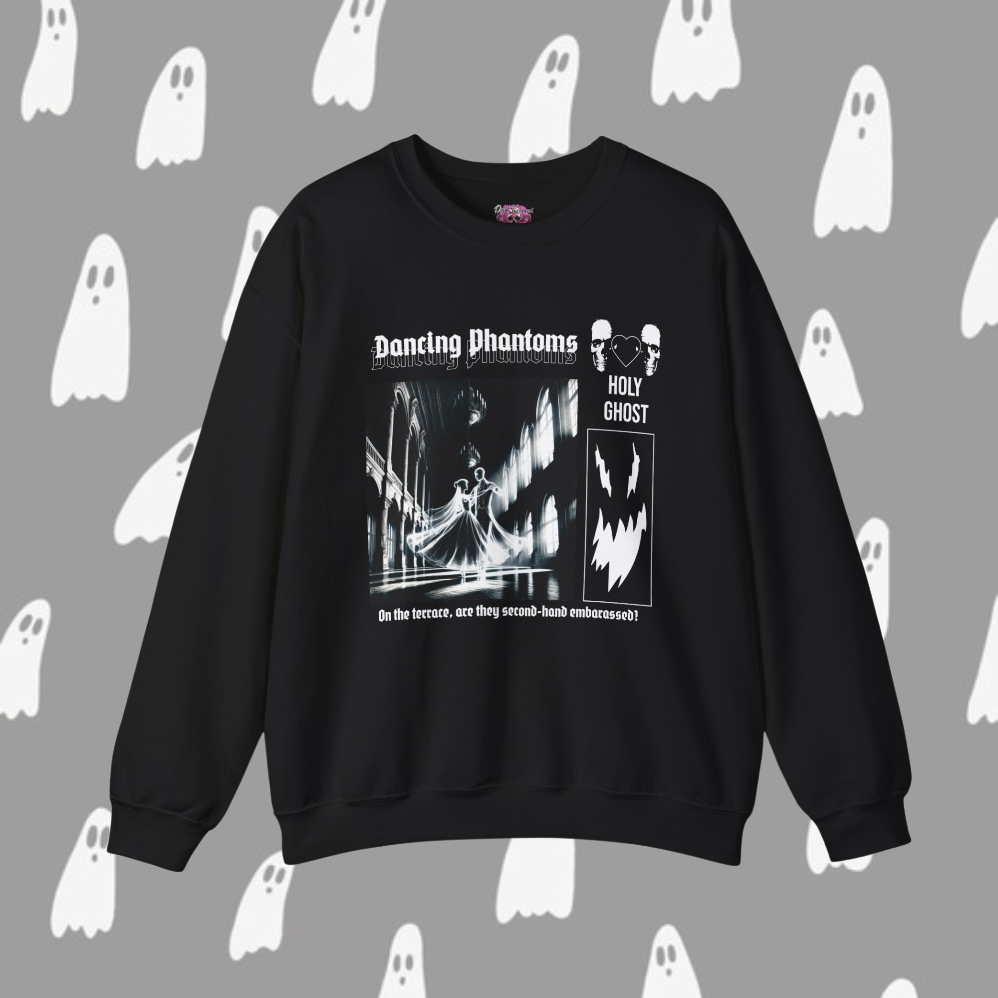 Dancing Phantoms Graphic Crewneck Sweatshirt - Trendy Halloween & Cosplay Outfit for Parties, Concerts, and Everyday Wear