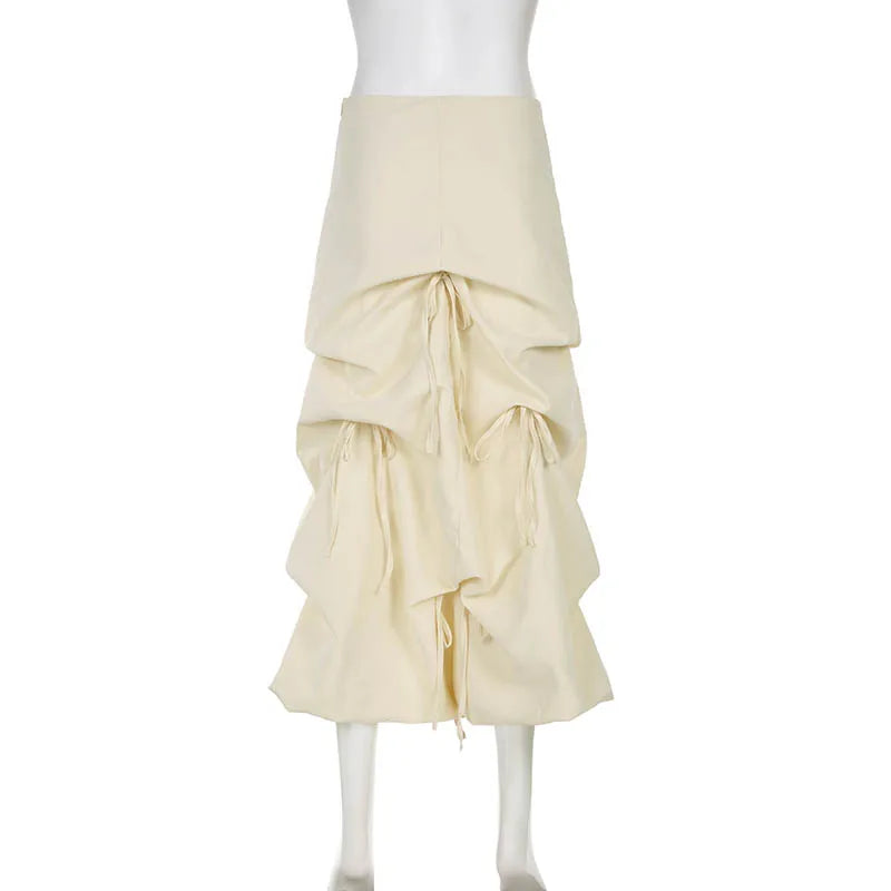 Asymmetrical Drawstring Bow Loose Long Skirt for Women - Streetwear Cargo Draped Solid Skirt with Shirring Details | Gorpcore Fashion Outfit for Casual Wear, Outdoor Adventures & Urban Street Style