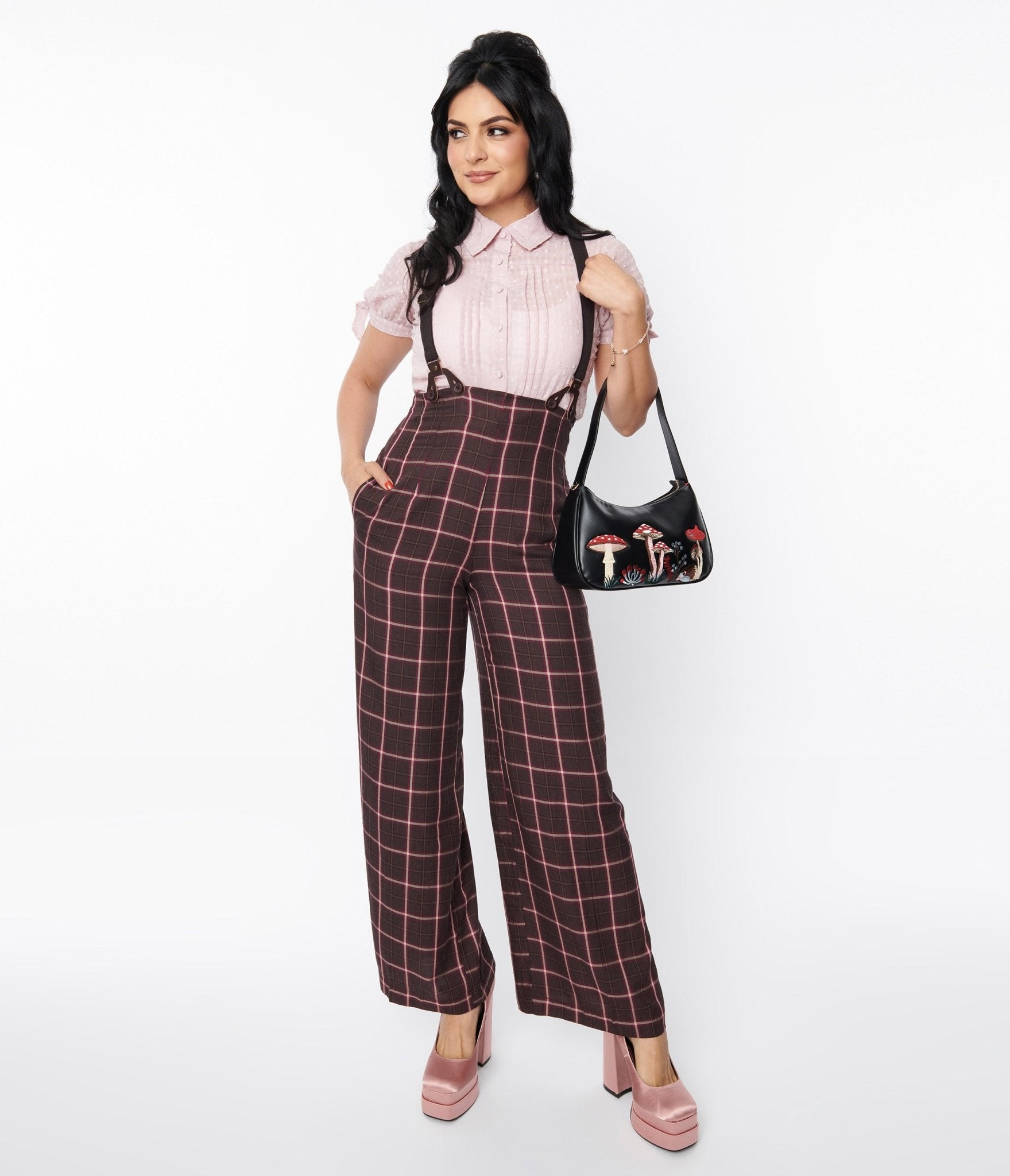 Vintage 1930s Purple & Mauve Plaid High Waist Suspender Pants - Retro Fashion for Women, Unique 1930s Style Trousers with Adjustable Straps | Perfect for Cosplay, Steampunk Outfits & Vintage-Themed Parties