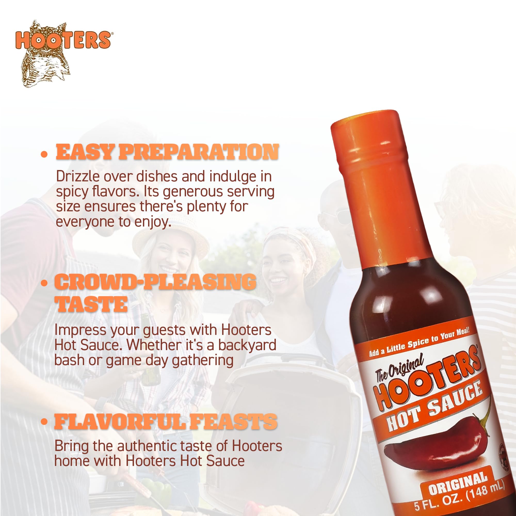 The Original Hooters Hot Sauce - 5 Fl Oz | Spicy Flavor Enhancer for Wings, Burgers & Seafood | Perfect for Spreads, Crackers, Dips & Cooking | Nutritionally Balanced & Easy to Use | Great for Parties, BBQs & Game Day Snacks