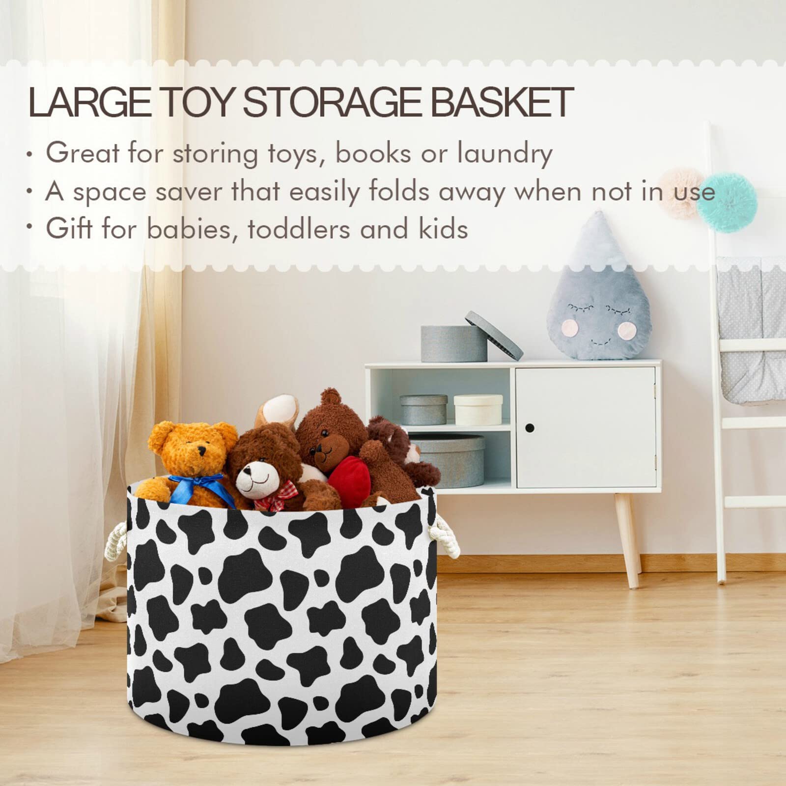 ALAZA Large Round Storage Basket - Black and White Cow Print Toy Basket, Nursery Bins & Laundry Hamper for Bathroom, Bedroom, Home Decor | Perfect for Organizing Toys, Clothes & Home Essentials