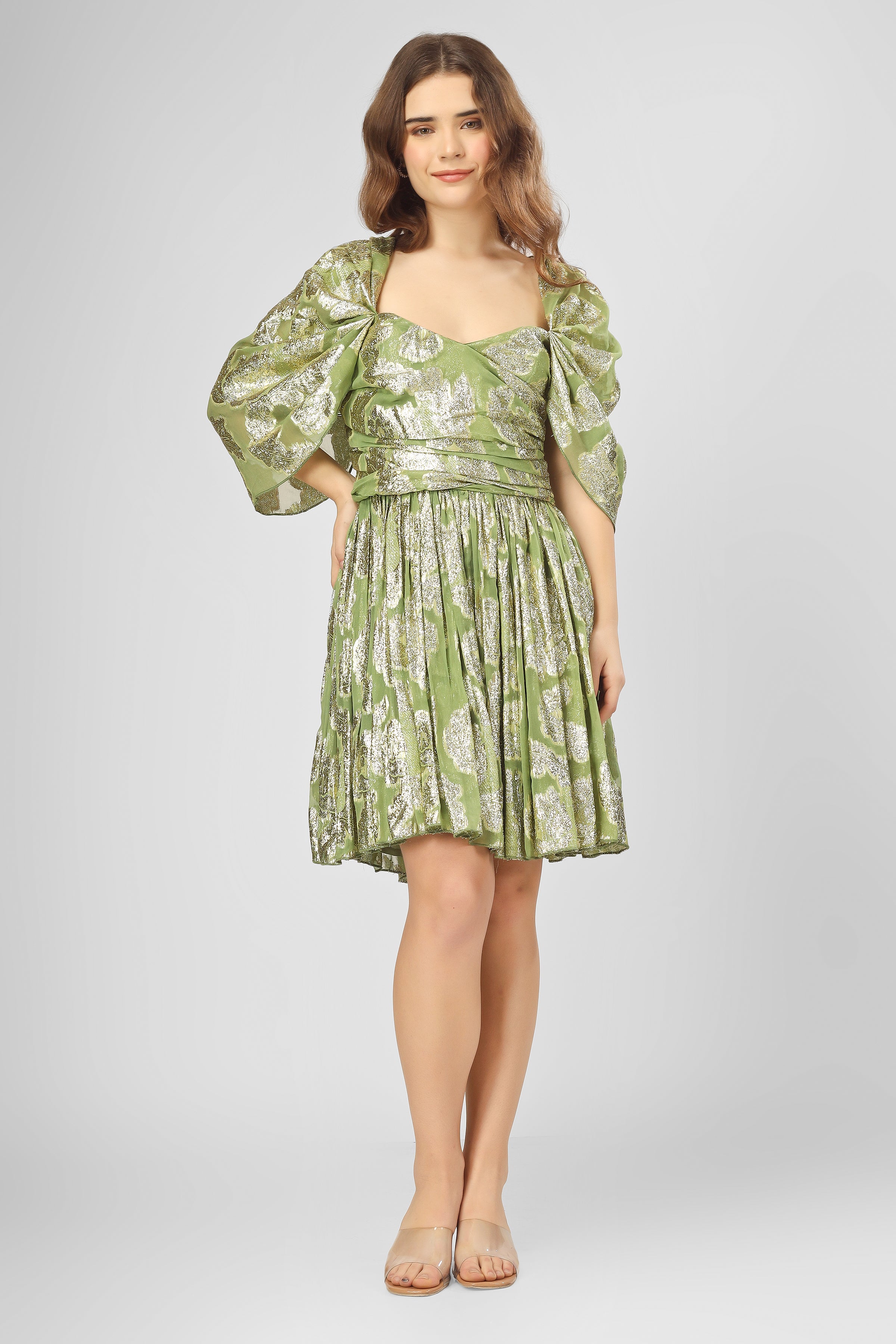Sydney Metallic Printed Mini Dress in Olive Green - Women's Fashion Party Cocktail Dress for Night Out, Date Night, and Special Occasions