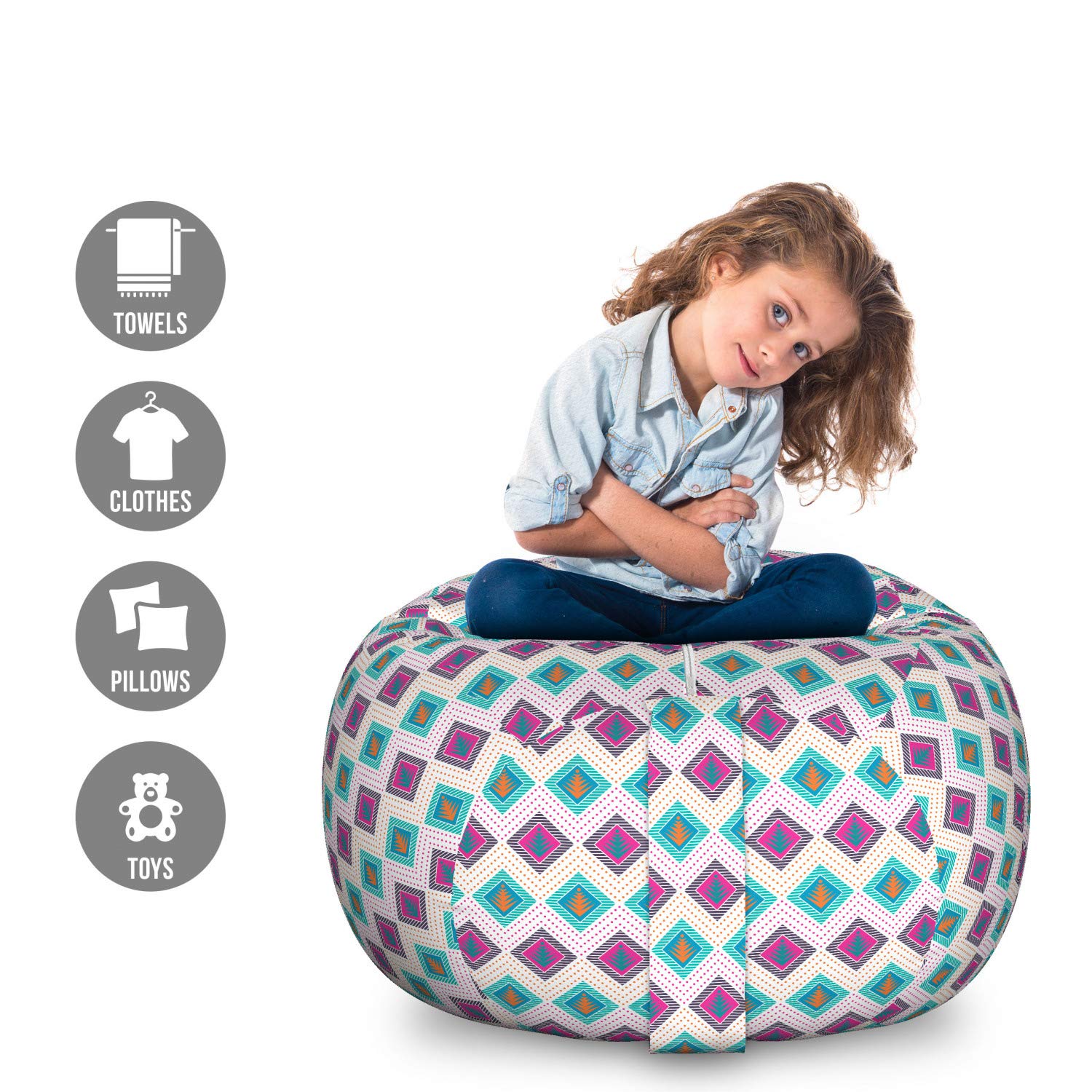 Ambesonne Guatemalan Storage Toy Bag Chair - Large Washable Organizer with Abstract Geometric Maya Folk Design | Perfect for Kids' Room, Playroom & Stuffed Animal Storage | Multicolor