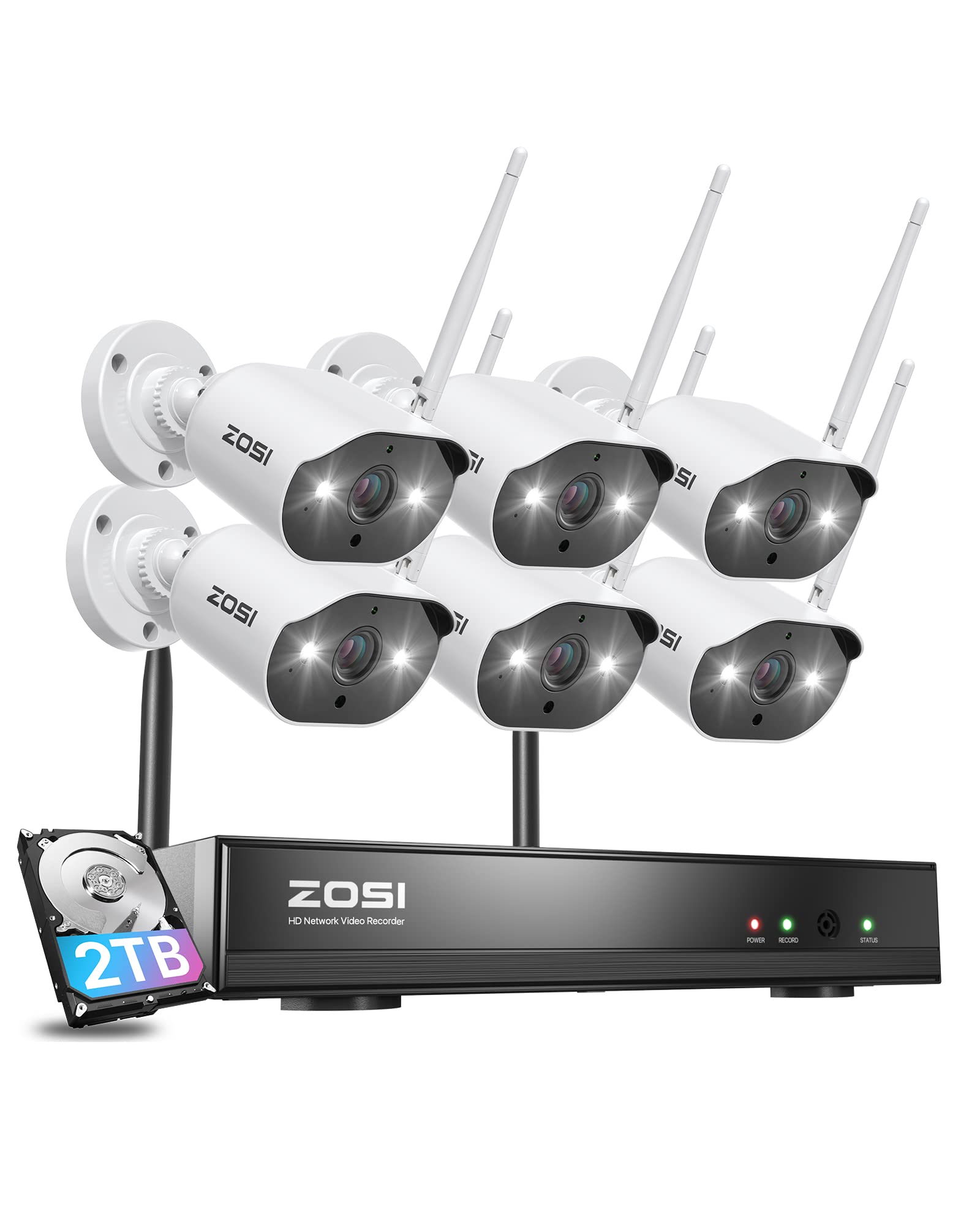 ZOSI 8CH 2K Wireless Security Camera System with 2TB HDD - 6pcs 3MP WiFi Indoor/Outdoor Cameras, Two-Way Audio, Color Night Vision, Light & Siren Alarm, H.265+ 2K 8CH NVR Recorder - 24/7 Home Security Surveillance for House, Office & Business Protection