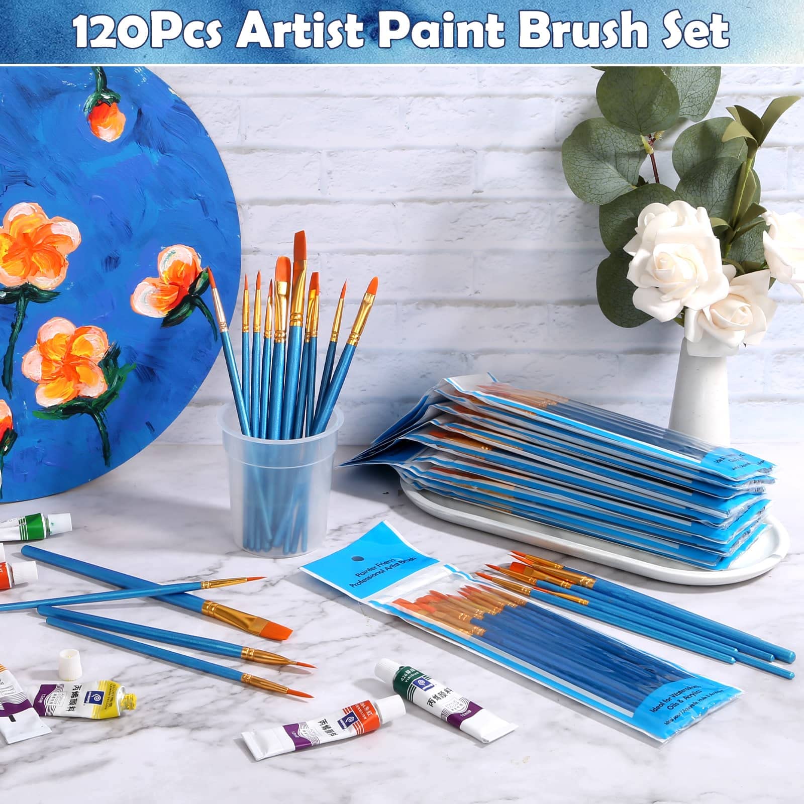 120 Pcs Acrylic Paint Brushes Set - Professional Artist Paintbrushes for Canvas, Watercolor, Fabric & Face Painting - Multipurpose Art Brushes for Rock, Pumpkin & DIY Craft Projects