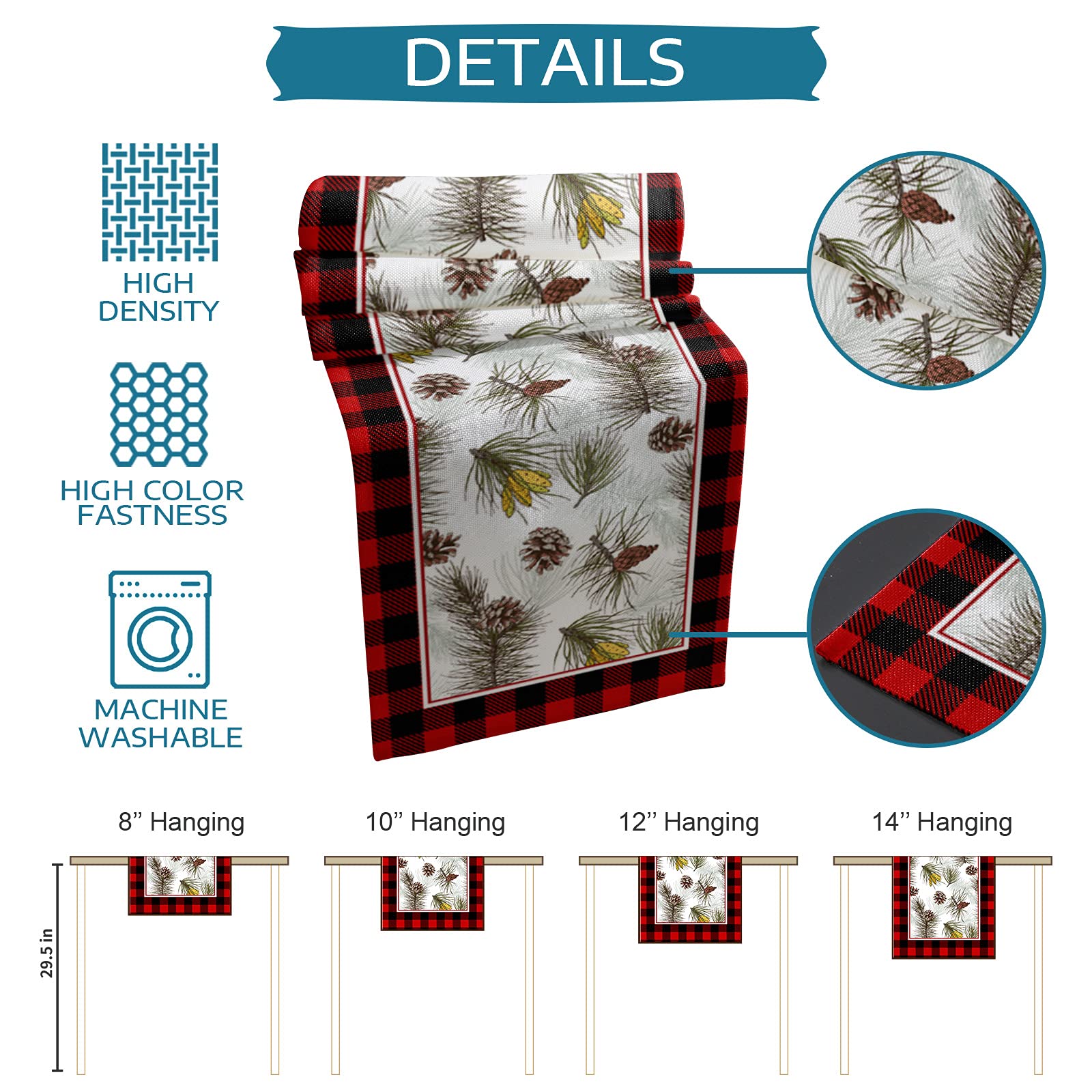 Christmas Cotton Linen Table Runner - Buffalo Plaid Pine Tree Design Holiday Decor for Dining Table, Kitchen, Farmhouse - 13x70 Inch (Perfect for Christmas Dinner, Party Decorations & Festive Home Styling)