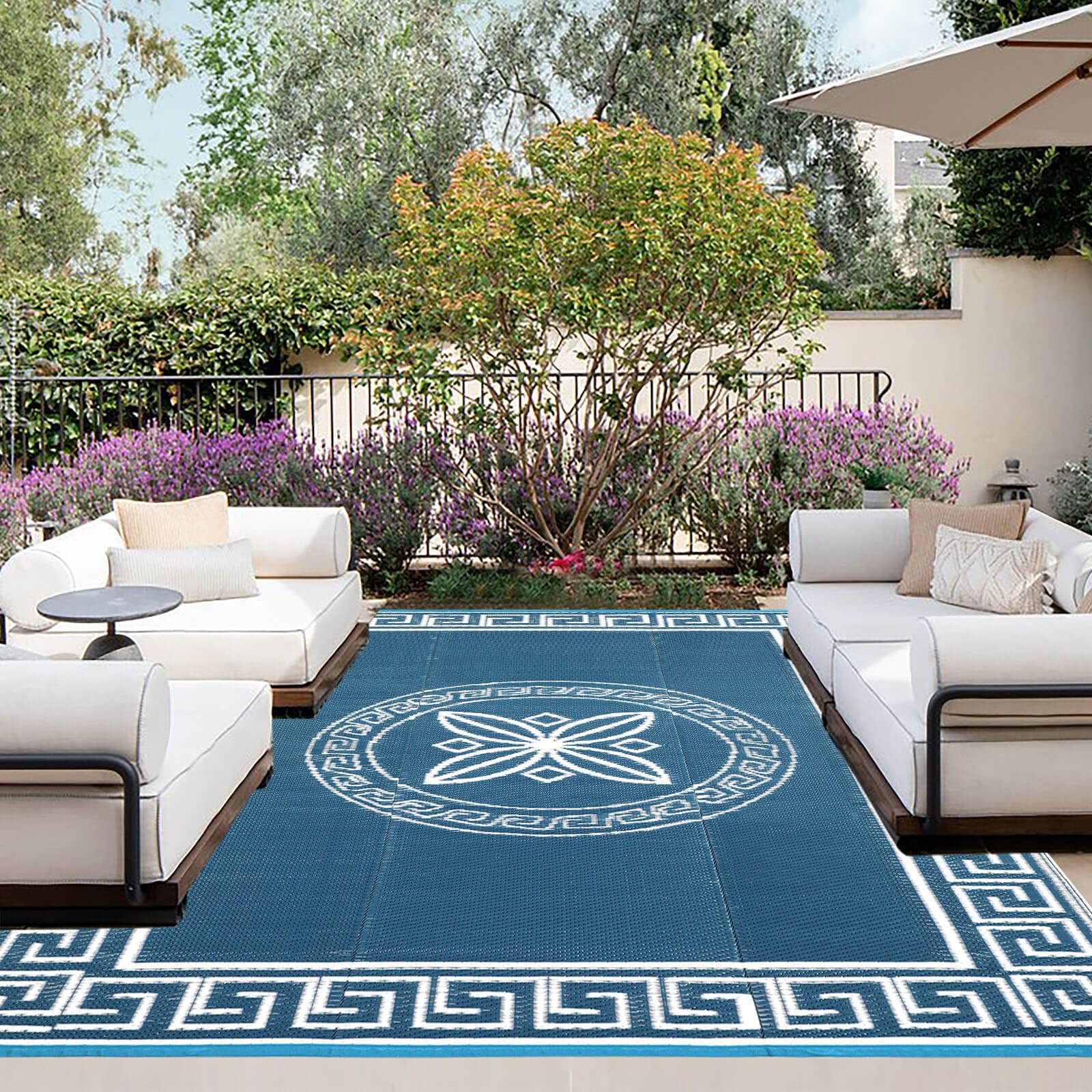 Reversible 9x12 ft Outdoor Plastic Rug - Stain & UV Resistant, Portable RV Carpet for Patio, Porch, Deck, Camping - Quatrefoil/Grayish Blue & White | Perfect for Outdoor Gatherings, RV Trips, Backyard Decor, Picnics & Beach Parties | Ideal for Poolside, Garden, Balcony, and Tailgating Events | Great for BBQs, Camping Trips, and Outdoor Entertaining