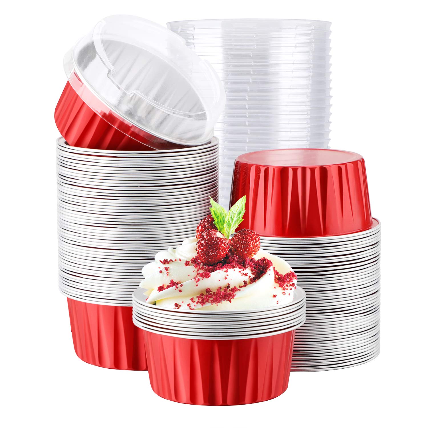 EUSOAR 100Pcs 5oz Aluminum Foil Cupcake Liners with Lids - Disposable Baking Cups for Muffins, Cupcakes & Desserts - Perfect for Home Baking, Parties & Holiday Treats