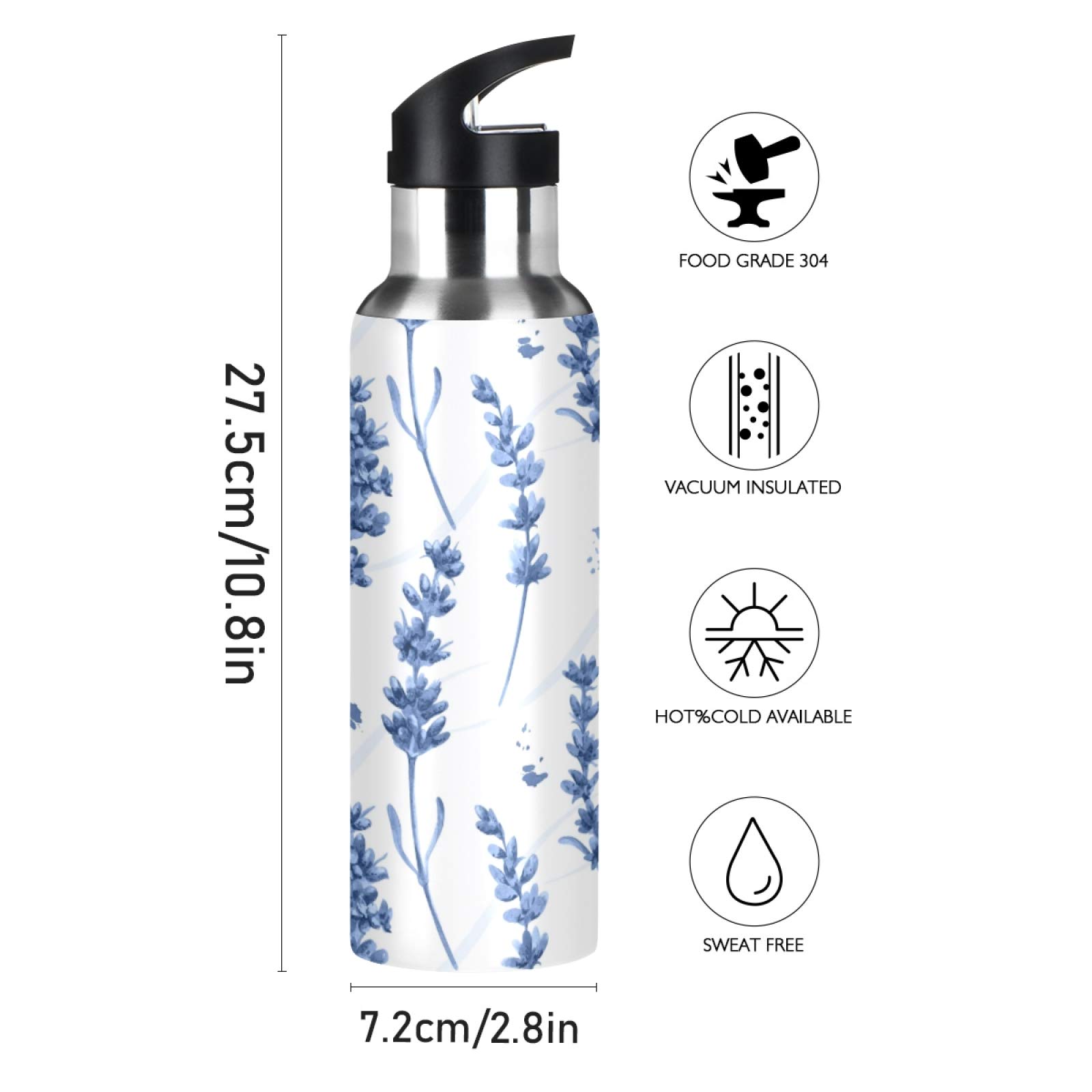 SUABO 20oz Insulated Stainless Steel Water Bottle with Straw - Blue Lavender Sports Bottle for Kids, Teens & Adults | Perfect for School, Gym, Hiking & Outdoor Activities