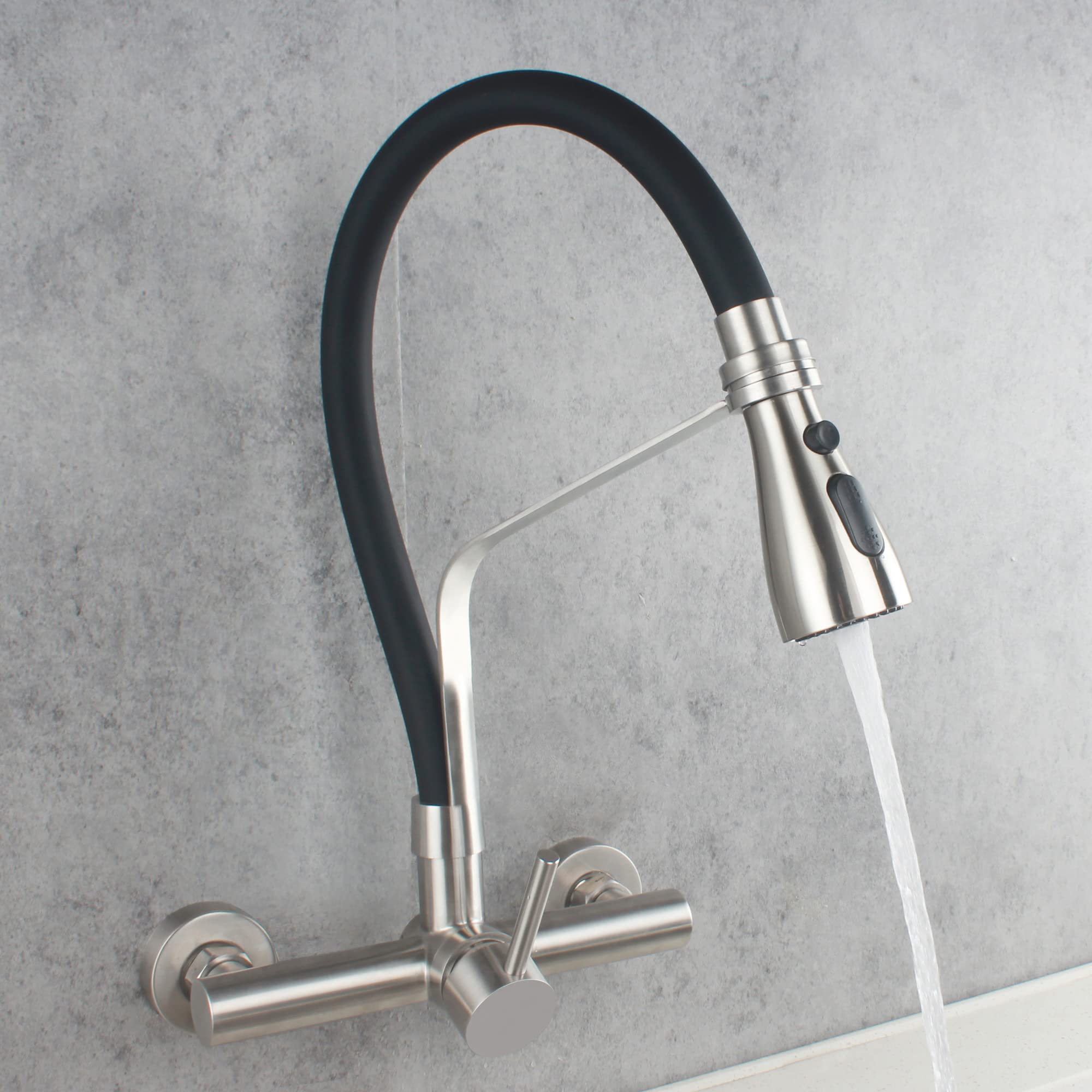 Commercial Stainless Steel Wall Mount Kitchen Faucet with Pull Down Sprayer - 8 Inch Center, 3 Functions, Lead-Free (SSKF17-2DC) - Perfect for Restaurants, Laundry Rooms & Utility Sinks