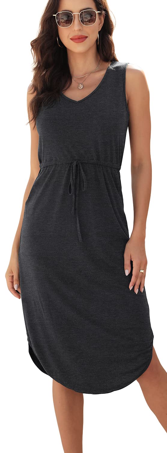 Hount Women's V-Neck Sleeveless Casual T-Shirt Dress - Summer Midi Dress with Pockets | Flowy Comfort for Beach, Travel & Everyday Wear