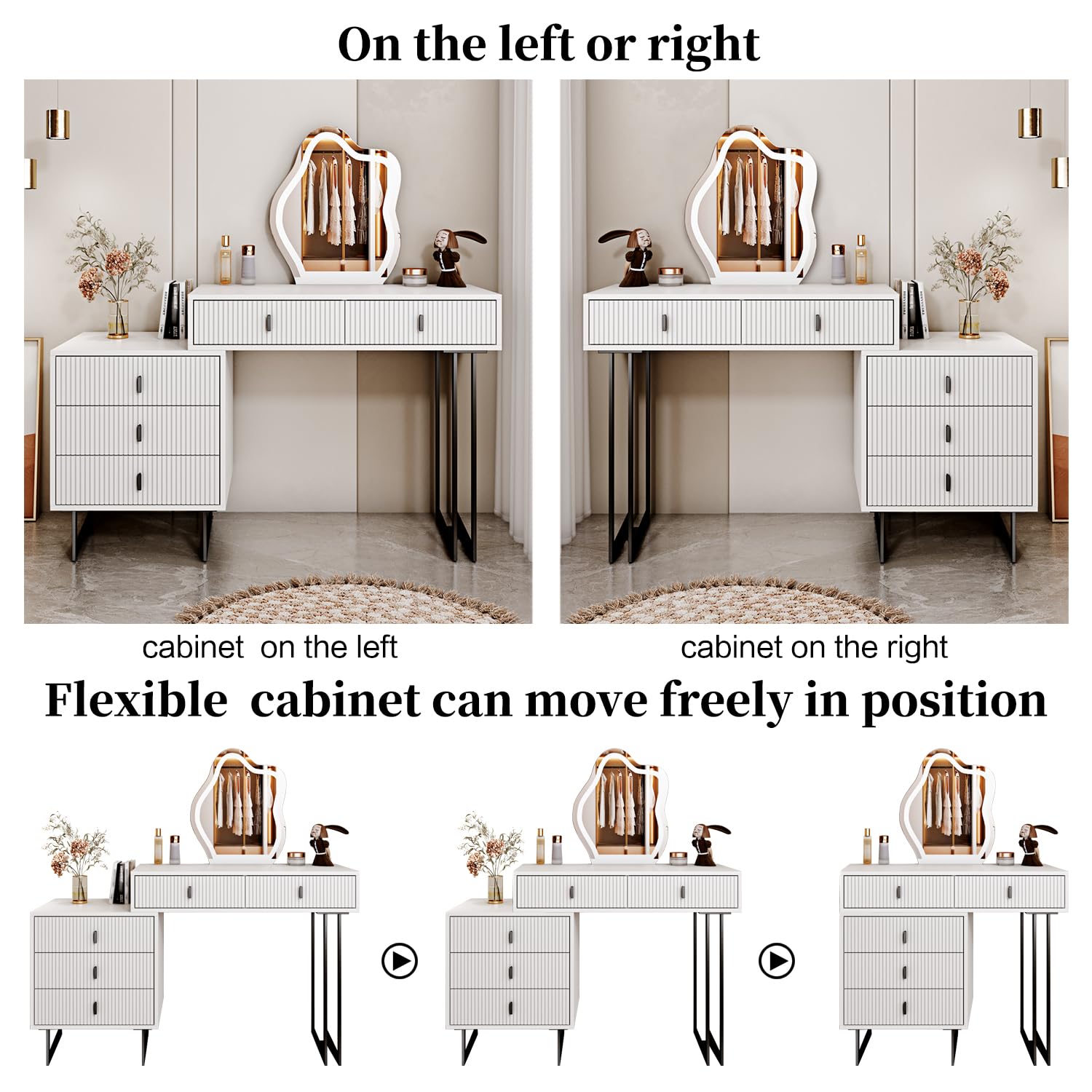 Modern White Vanity Desk with Mirror & Lights - 5 Drawers for Bedroom Makeup