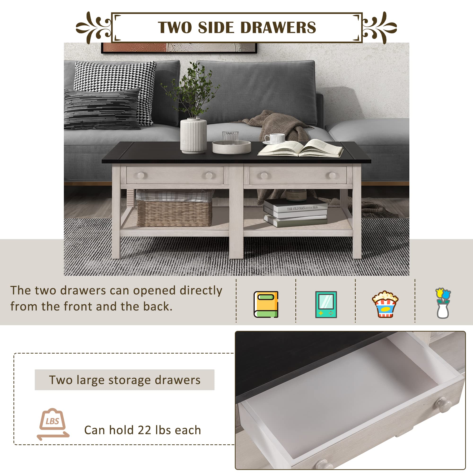 Solid Wood Coffee Table with 2 Drawers & Open Shelf - Large Storage, Classic American Style Cocktail Table for Living Room, Office, or Lounge (Espresso & White Finish) - Perfect for Entertaining Guests, Holding Drinks & Displaying Decor