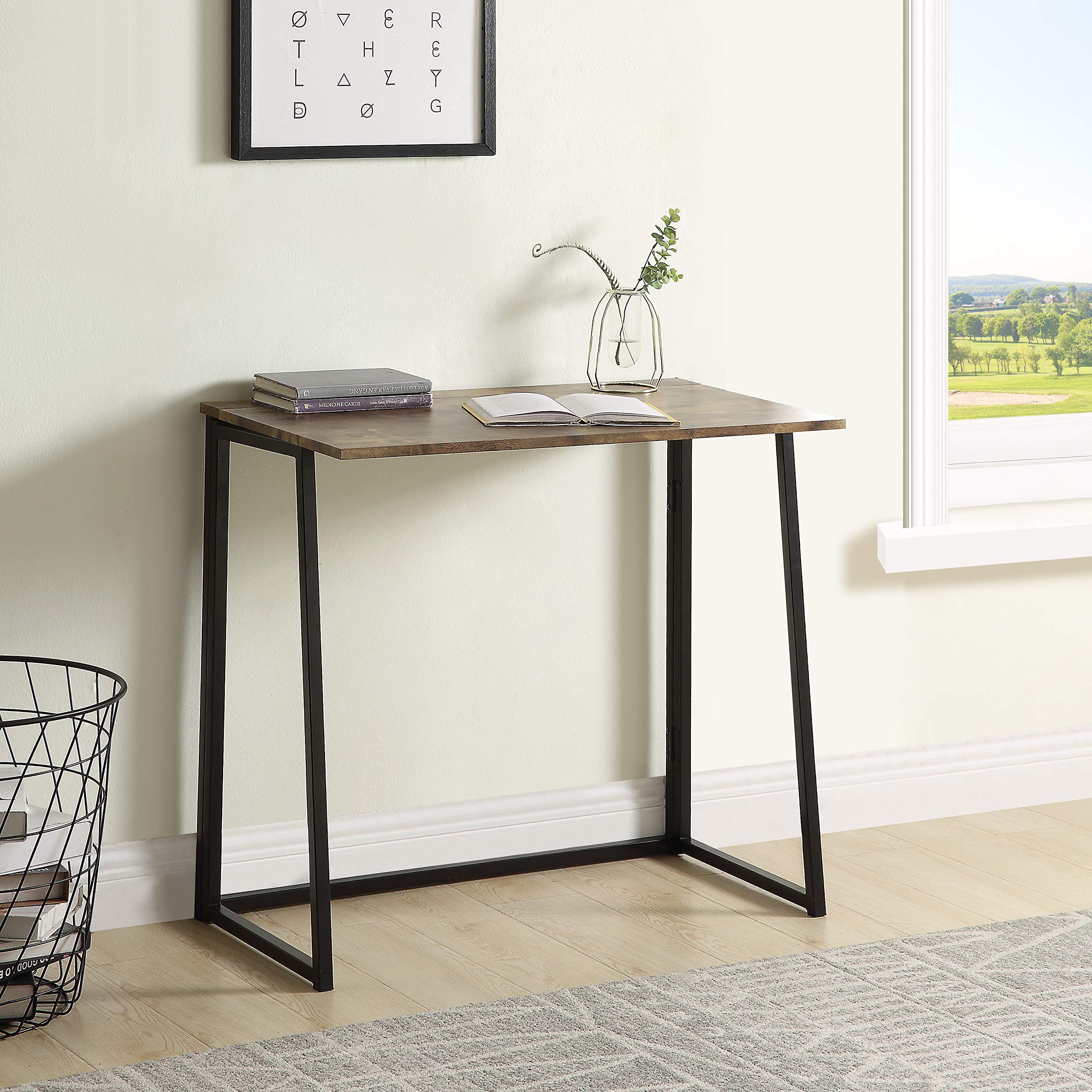 Industrial Style Folding Computer Desk - Space Saving Laptop Table for Small Offices & Home, No Assembly Required, Brown Desktop with Black Metal Frame - Perfect for Remote Work, Dorm Rooms & Compact Spaces