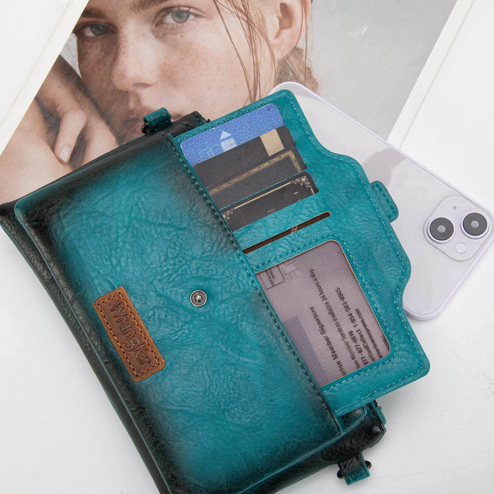 Wrangler Women's Distressed Crossbody Purse - Multi-Function Card Holder Wallet with Double Zipper - Perfect for Travel, Shopping & Everyday Use