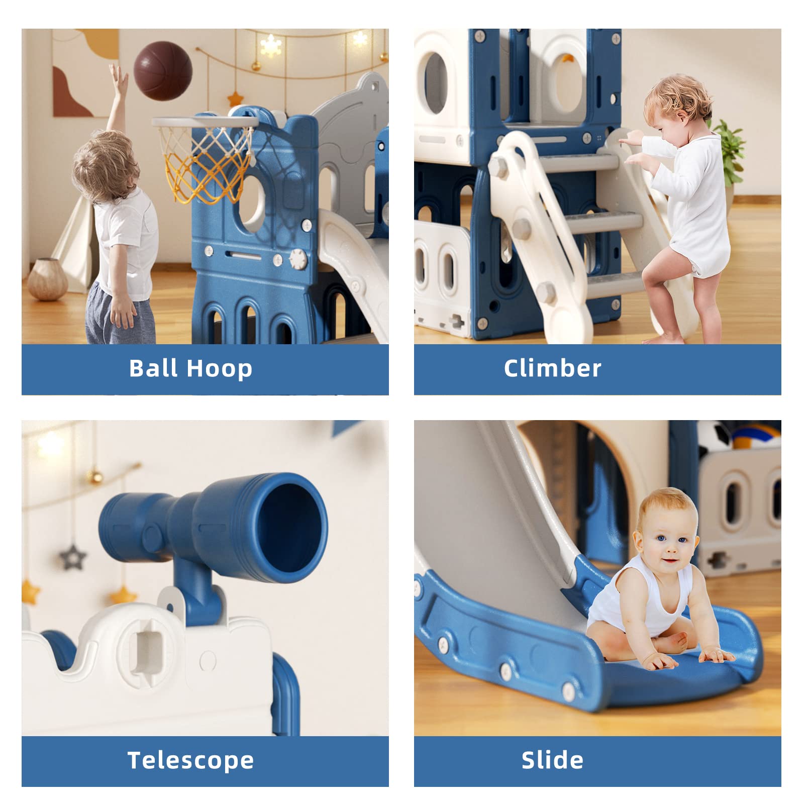 YUFU 6-in-1 Toddler Slide & Climber Set with Basketball Hoop - Indoor/Outdoor Playset for Kids Ages 1-3 Years (Blue Gray) - Perfect for Backyard, Playroom & Preschool Activities