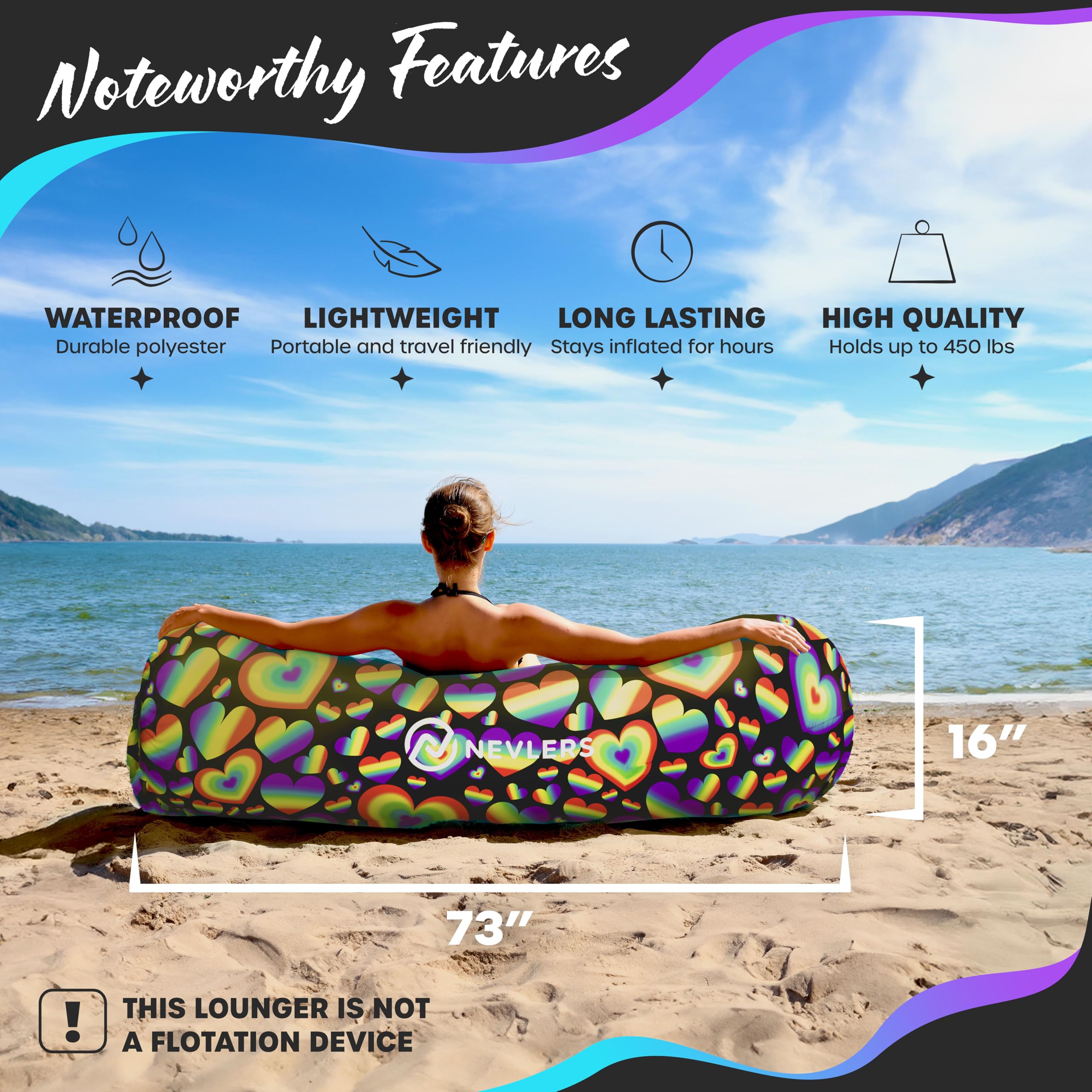 Nevlers Inflatable Lounger - 210T Polyester Portable Air Sofa Bed with 450 lbs Capacity, No Pump Needed, Built-in Pockets & Carry Bag - Perfect for Camping, Beach, Poolside, Backyard & Indoor Use - Comfortable Inflatable Couch for Adults & Kids