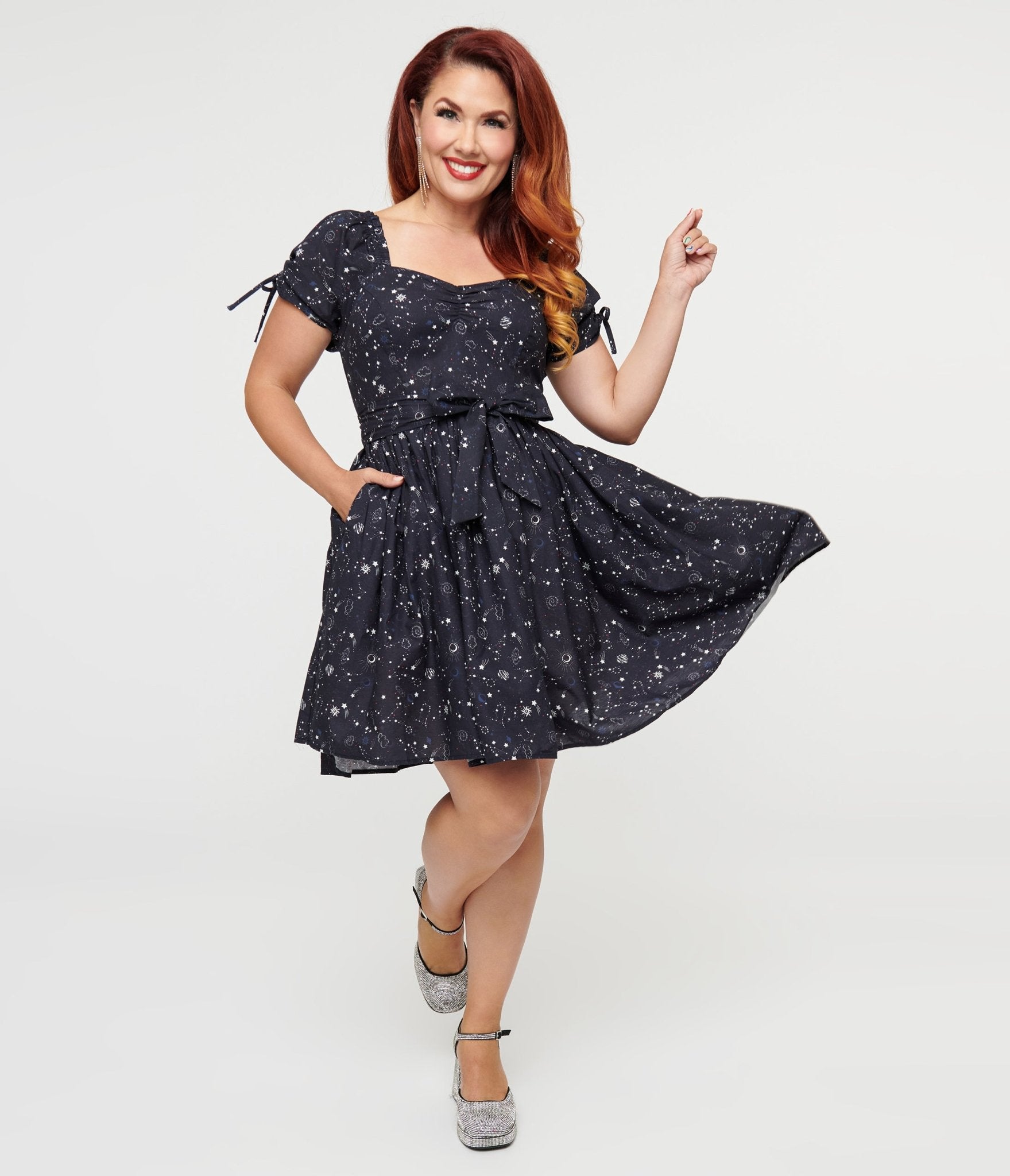 Vintage 1950s Navy Blue Cosmos Print Swing Dress - Retro Pinup Style for Parties, Weddings & Special Occasions