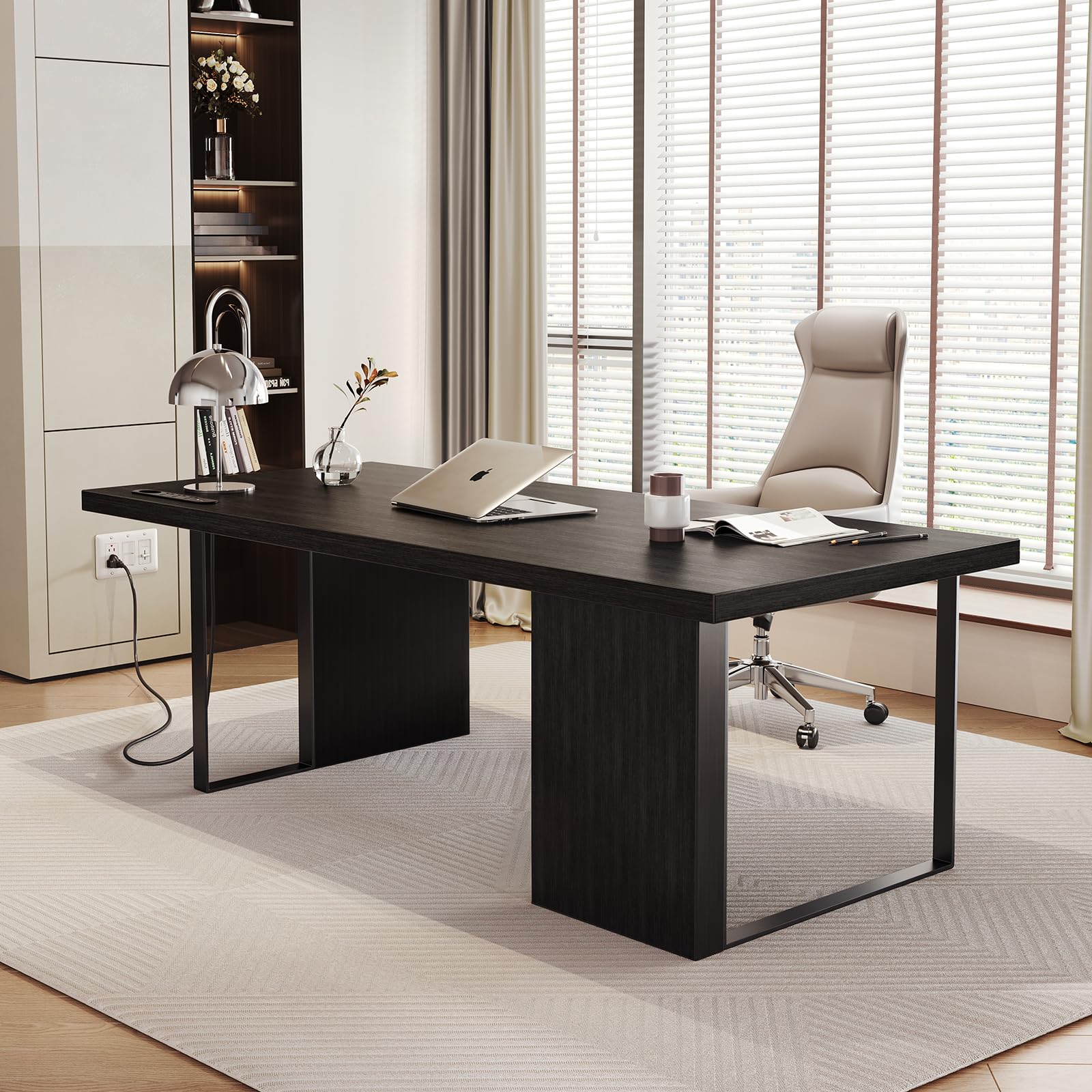 60-Inch Large Executive Desk - Modern Minimalist Wooden Computer Office Desk with Thickened Desktop & Built-in Power Outlet - Home & Business Workstation (Black) - Perfect for Remote Work, Gaming Setup & Office Productivity
