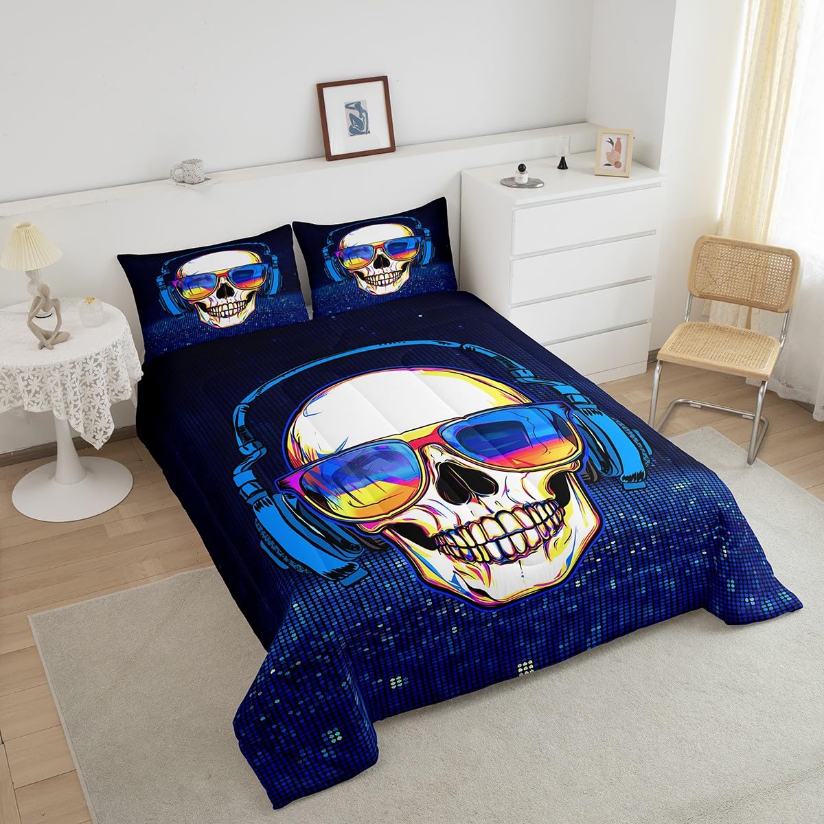 Erosebridal Punk Rock Skull Comforter Set - Gothic Music Theme Bedding for Teens & Boys, Black & Blue Queen Size Duvet Cover | Perfect for Rock Music Lovers' Bedroom Decor & Alternative Fashion Style