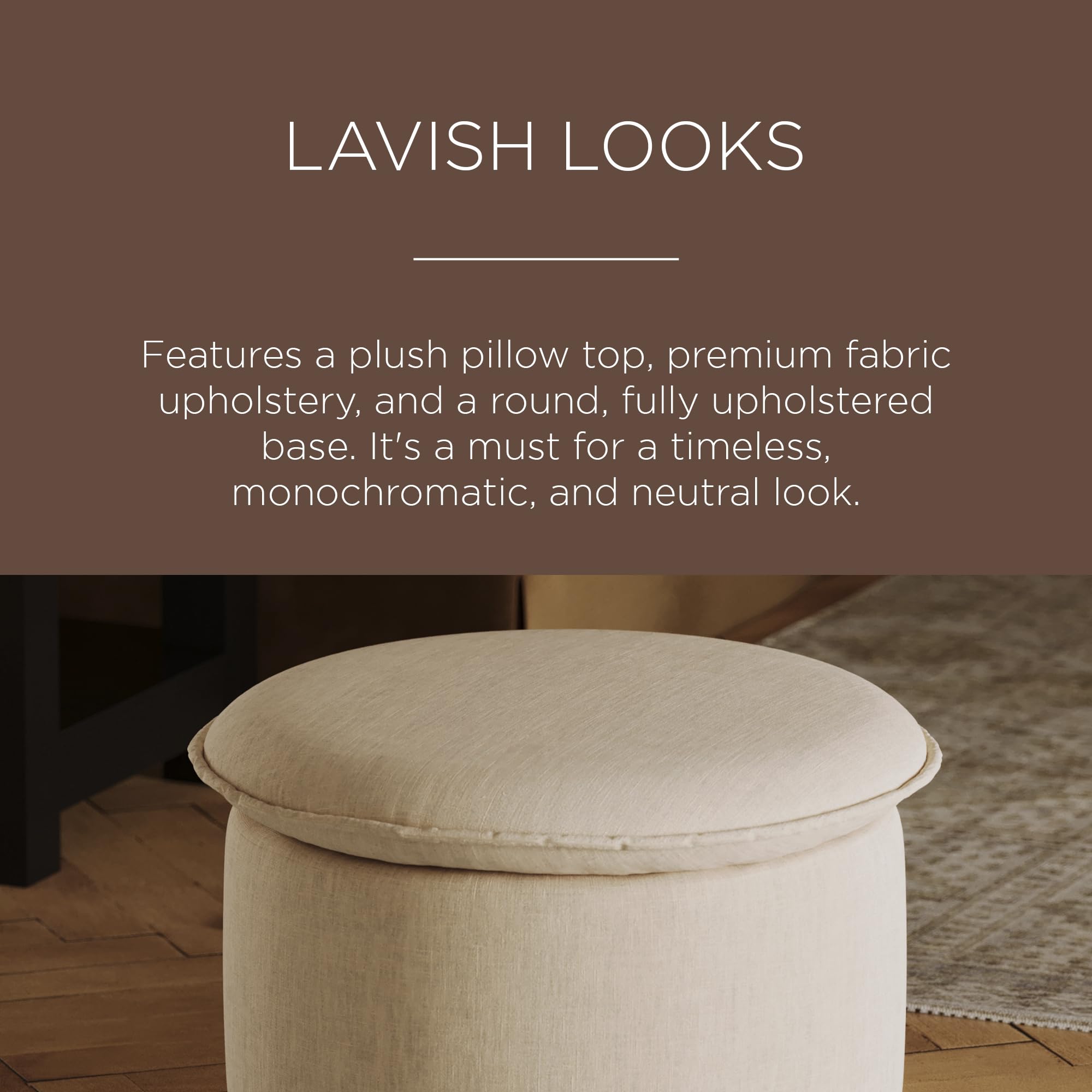 Maven Lane Lyra Contemporary Large Round Upholstered Ottoman with Cushion - Taupe Fabric Footrest for Living Room, Bedroom, Dorm | Perfect for Extra Seating, Footrest, Coffee Table & Home Decor