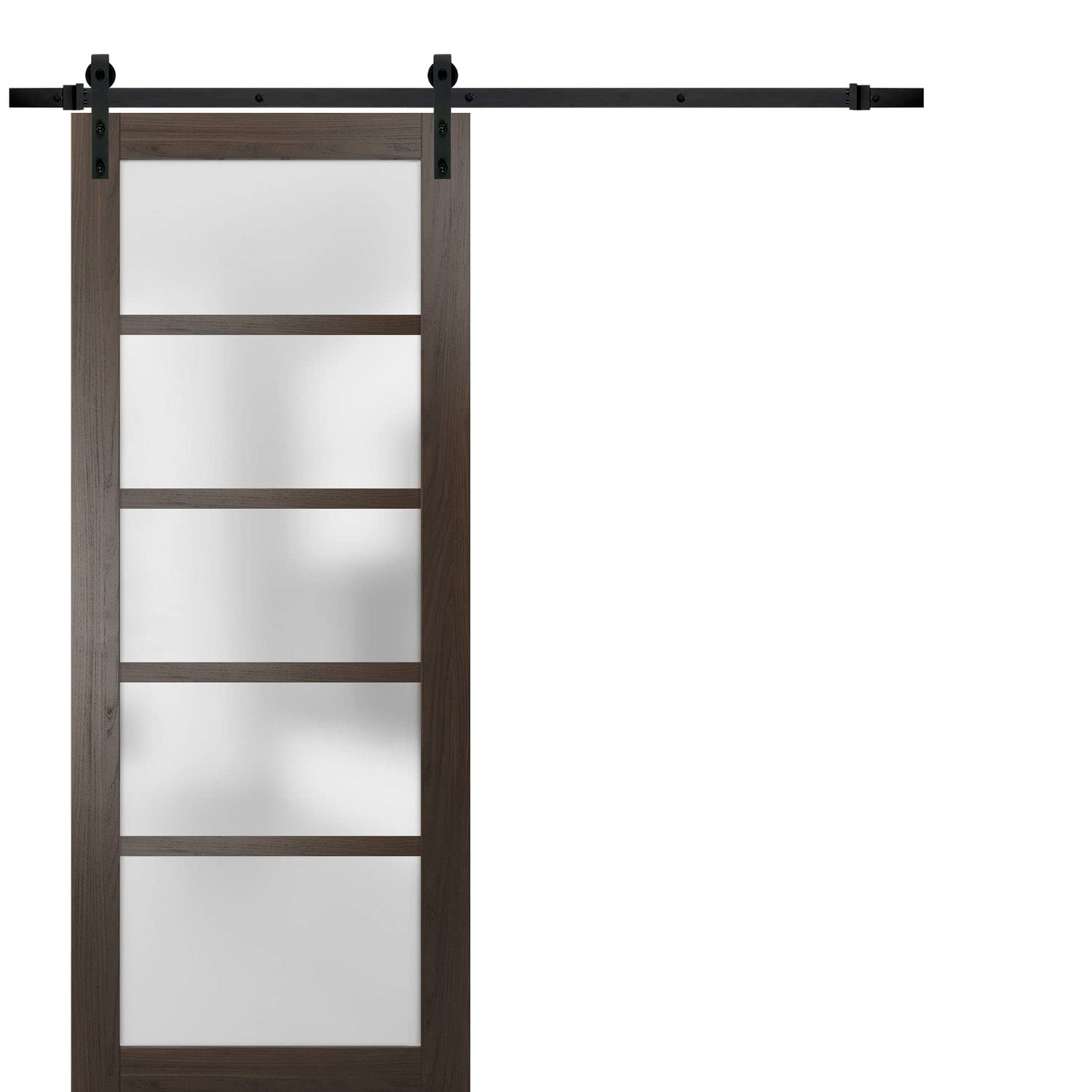 32 x 84 Inch Frosted Glass Barn Door with Quadro 4002 Chocolate Ash Finish | Heavy Duty Top Mount 6.6FT Rail & Hangers Hardware Set | Solid Panel Interior Sliding Door for Bedroom, Closet, or Office Partition