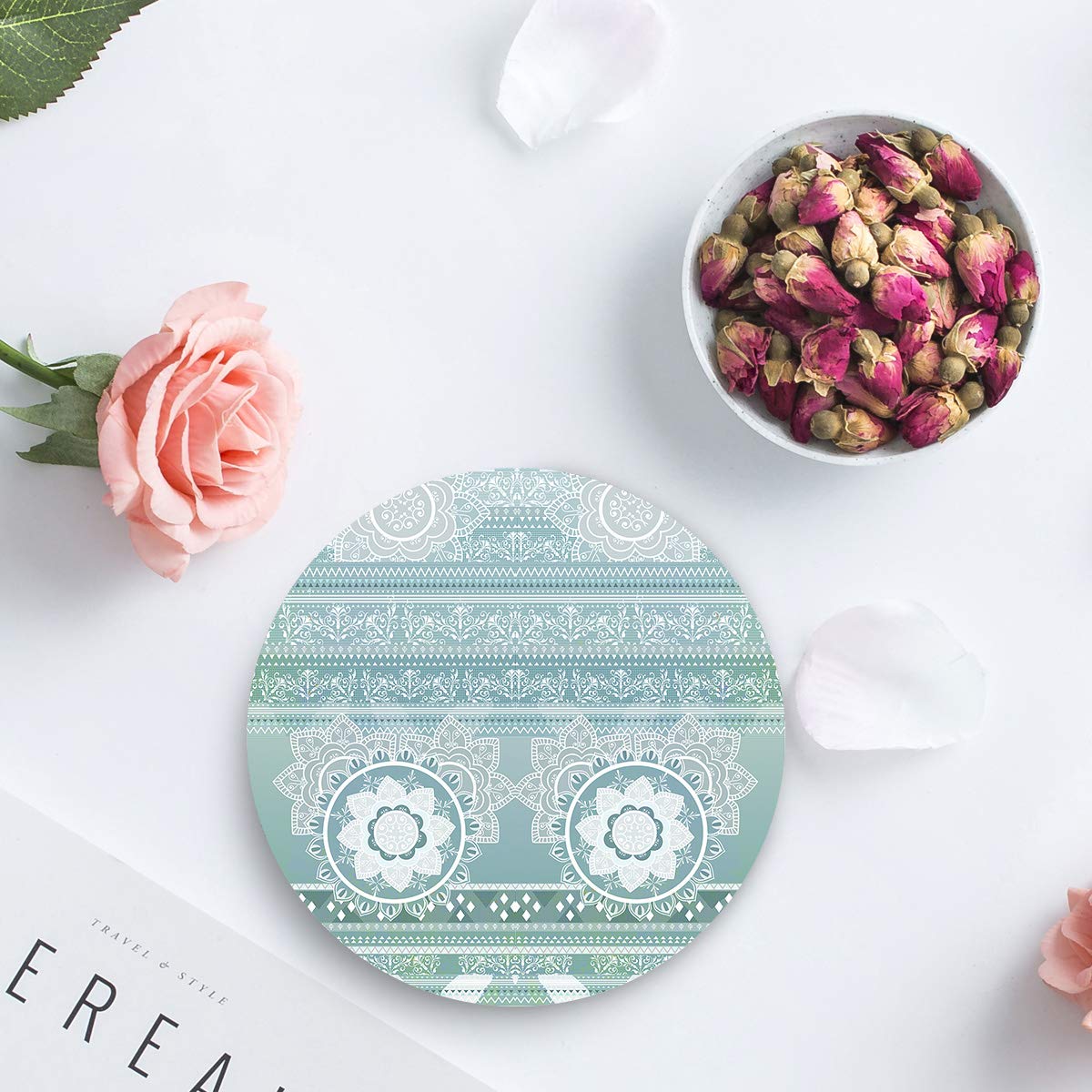 4-Piece Ceramic Drink Coasters Set with Cork Base - Absorbent Round Coasters for Hot & Cold Beverages - Housewarming Gifts, Kitchen, Bar Decor (Mandala Design) - Perfect for Coffee Tables, Dining Rooms & Office Desks