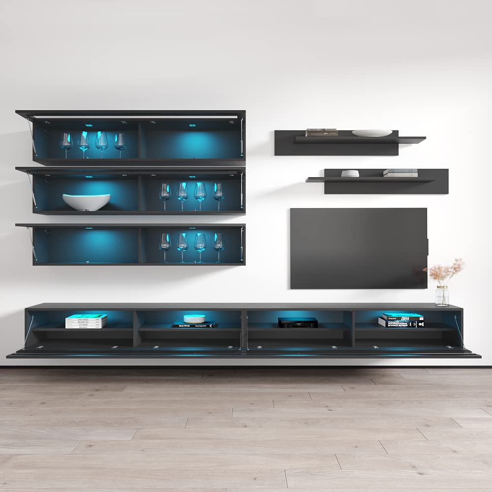 Modern Gray Wall-Mounted TV Stand with Storage Shelves & LED Lights - Floating Entertainment Center Console for Bedroom & Living Room - Perfect for Small Spaces & Home Theater Setup - Meble Furniture Fly J2 35TV Stand