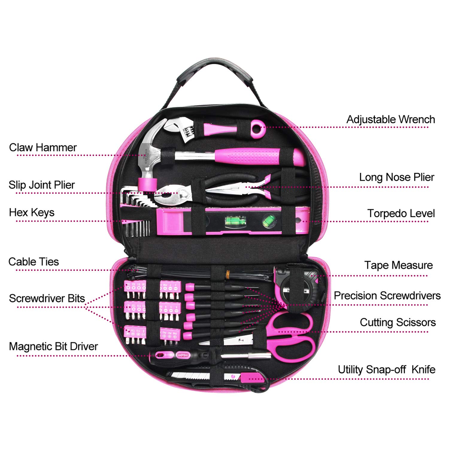 69-Piece Pink Tool Kit for Women - Household Hand Tool Set with Portable Round Pouch | Perfect for DIY Projects, Home Repairs, Dorm Maintenance & Crafting | Ideal Gift for Female DIY Enthusiasts