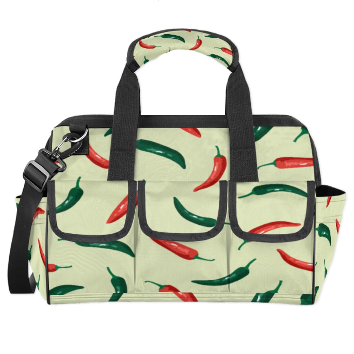 Heavy Duty Waterproof Tool Bag with Multi-Pockets & Adjustable Shoulder Strap - Wide Mouth Garden Tote for Chilli Peppers Harvesting & Gardening Tools Organization (Green/Red) - Perfect for Farmers, Gardeners & DIY Enthusiasts