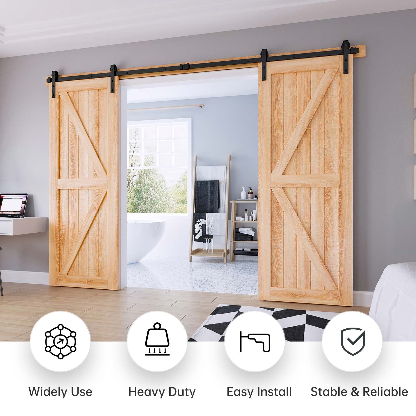 EaseLife 10 FT Heavy Duty Double Door Sliding Barn Door Hardware Track Kit with J Pulley - Smooth & Quiet Operation, Easy Installation (Fits Double 30
