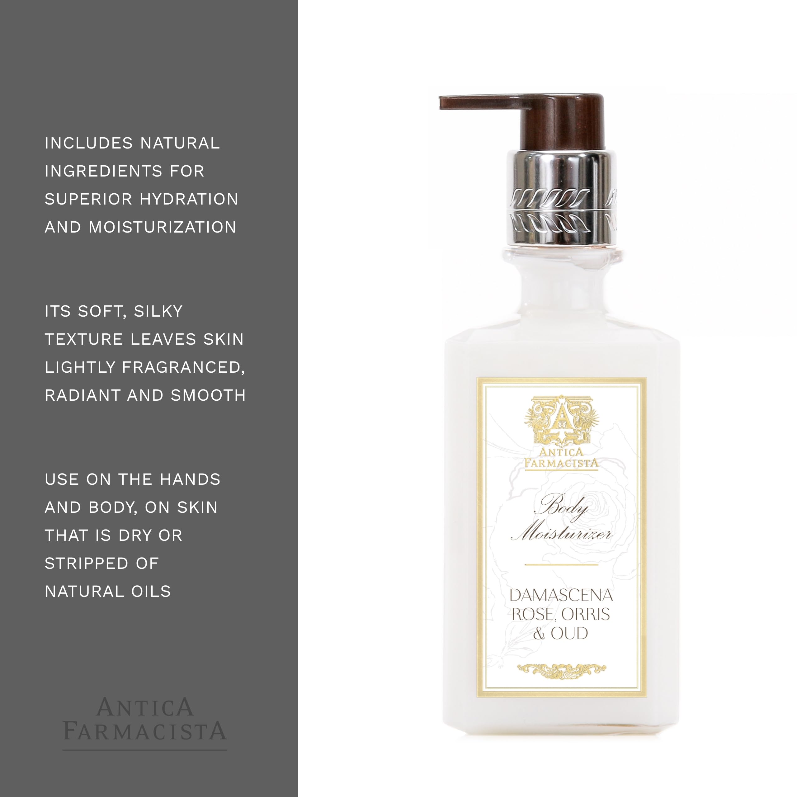 Antica Farmacista Luxury Body Moisturizer - Hydrating Scented Lotion with Damascena Rose, Orris & Oud - Premium Skin Care for Women & Men - 10 Oz - Perfect for Dry Skin Care, Spa Days & Gift Giving