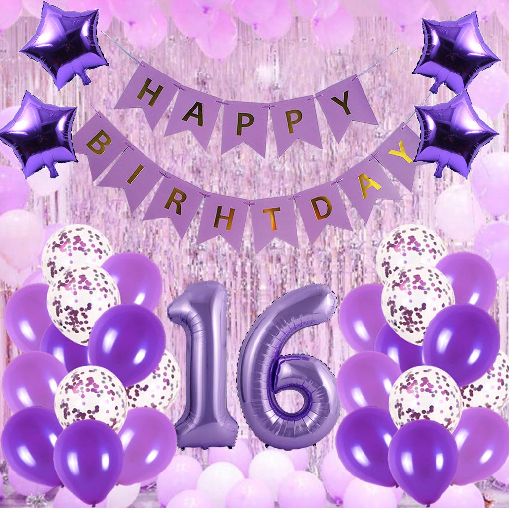16th Birthday Party Decorations Kit - Happy Birthday Banner, Number 16 Balloons & Purple Party Supplies for Sweet 16 Celebration | Perfect for Teen Girls Birthday, Quinceañera, Milestone Party Decor