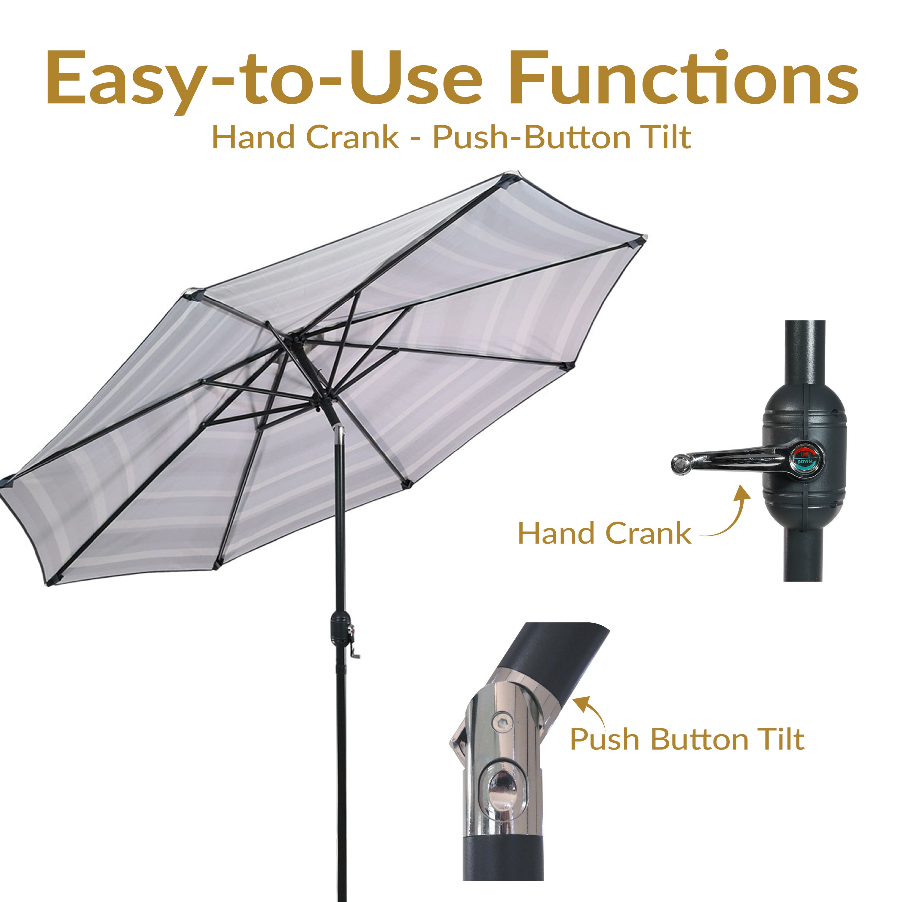 Sunnydaze 9-Foot Striped Outdoor Patio Umbrella with Push Button Tilt & Easy Crank Lift - Perfect for Poolside, Backyard, Garden, and Deck Shade