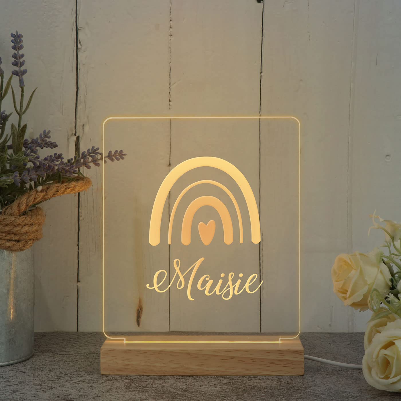 Personalized Wooden LED Night Light for Kids - Custom Name Nursery Lamp with USB Cable & Switch - Warm White Bedside Light for Baby & Toddler Rooms - Perfect for Bedtime, Nursery Decor & Safe Nighttime Illumination (Style 3)