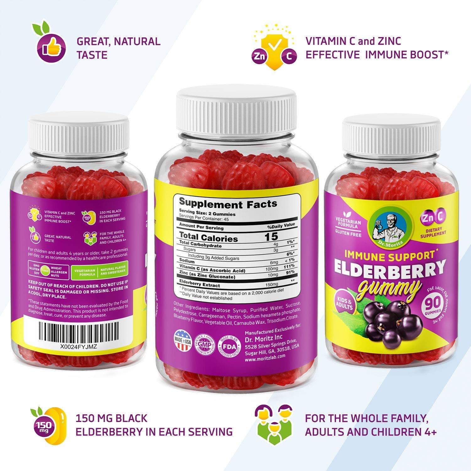 Organic Elderberry Gummies for Kids & Adults - Immune Support Supplement with Vitamin C & Zinc - 90 Count Gummy Bears - Perfect for Daily Wellness & Cold Season Protection
