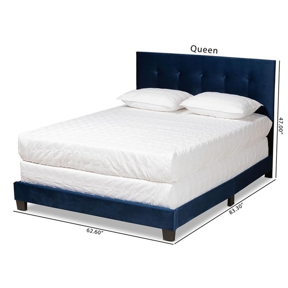 BOWERY HILL Navy Blue Upholstered Queen Size Panel Bed Frame - Luxurious Fabric Headboard for Master Bedroom, Guest Room & Apartment Decor