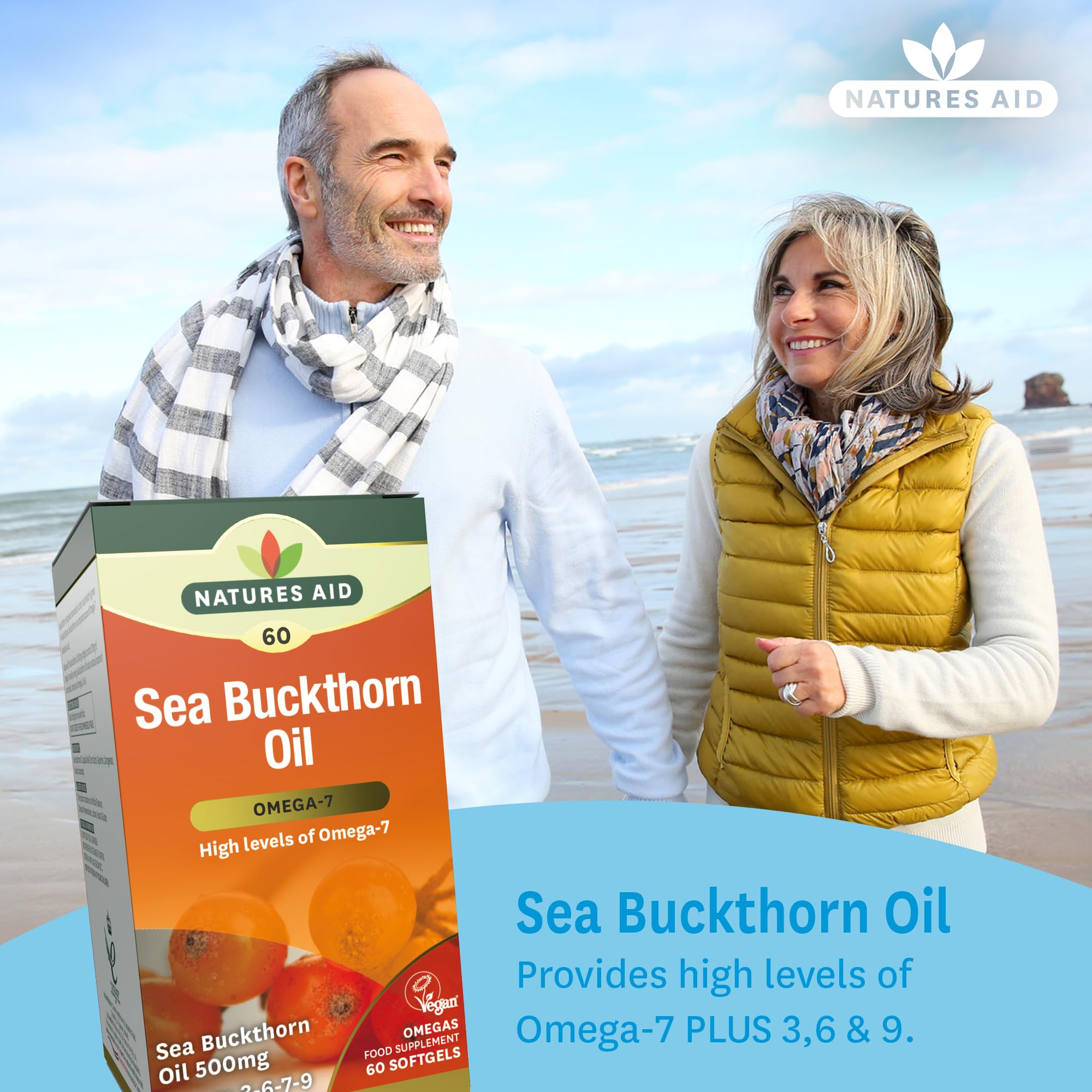Nature's Aid 100% Pure Omega-7 Sea Buckthorn Oil 500mg - 60 Vegetarian Softgels for Heart Health & Skin Care | Supports Digestion & Immune System | Vegan Supplement for Daily Wellness
