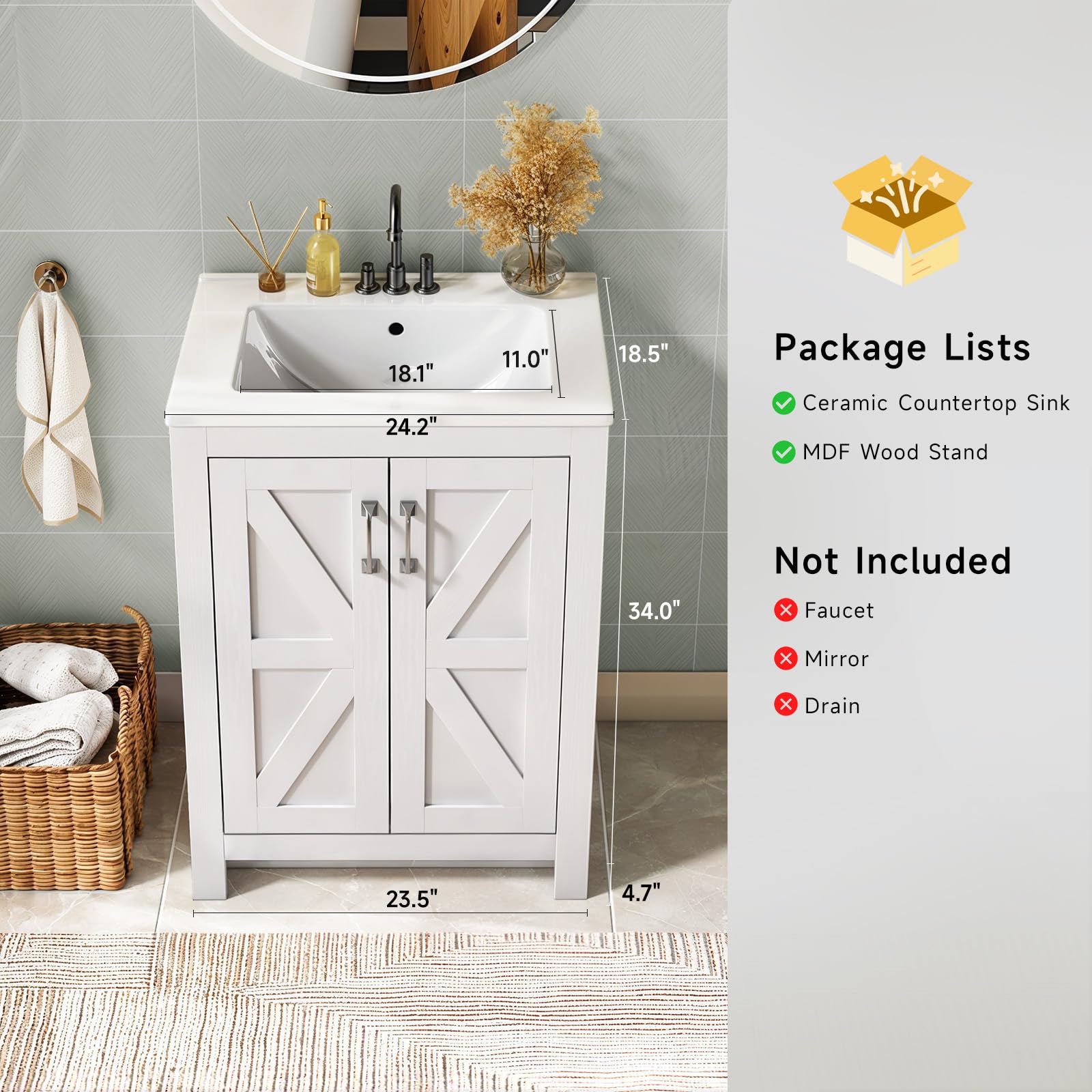 24 Inch Modern Bathroom Vanity with Ceramic Sink - 2 Door 2 Tier Storage Cabinet, Thickened Wood Construction - Perfect for Small Bathrooms, Powder Rooms & Guest Baths
