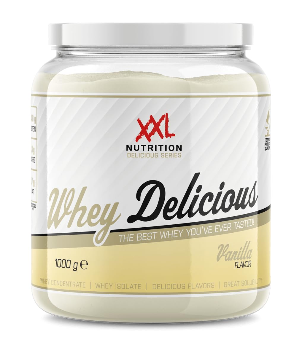XXL Nutrition Whey Delicious Protein Powder - Vanilla Flavor, 1000g | Whey Protein Isolate & Concentrate Blend, 78.5% High Protein Content | Post-Workout Recovery, Muscle Building & Healthy Breakfast Shake