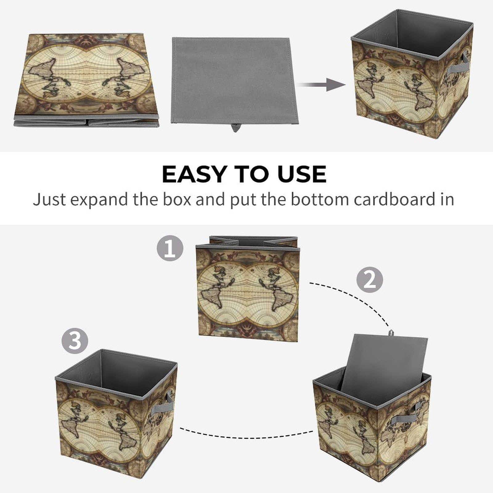 Collapsible Storage Cubes with Handles - 10.6×10.6 Inch Foldable Fabric Bins with Ancient World Map Print for Home Organization | Perfect for Closet, Nursery, Office & Toy Storage