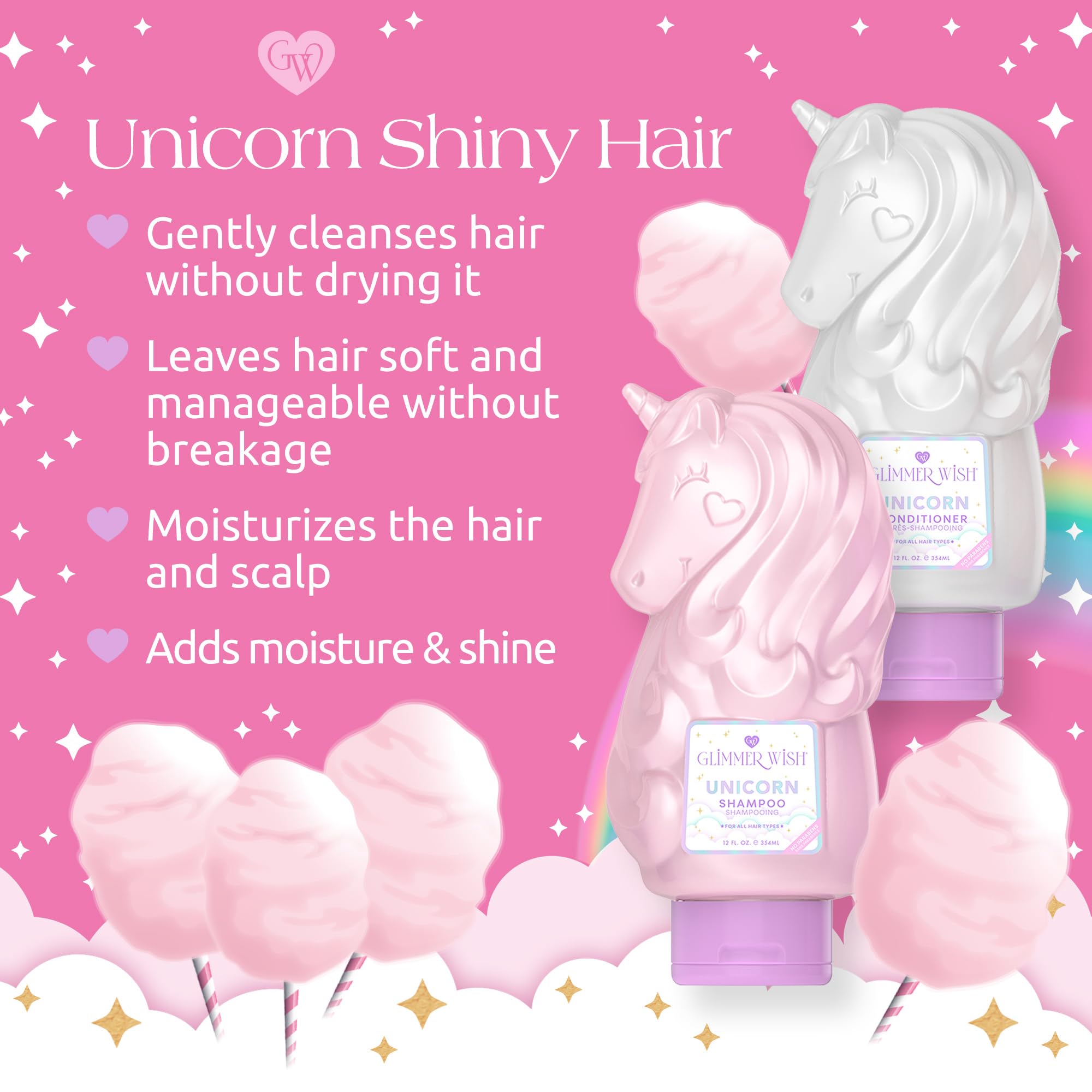 Glimmer Wish Premium Unicorn Shampoo & Conditioner Set - Tropical Beach Scent, Sulfate & Paraben Free, Vegan & Cruelty Free (2 x 12 Fl Oz) | Gentle Hair Care for Kids & Adults, Perfect for Daily Use & Sensitive Scalp
