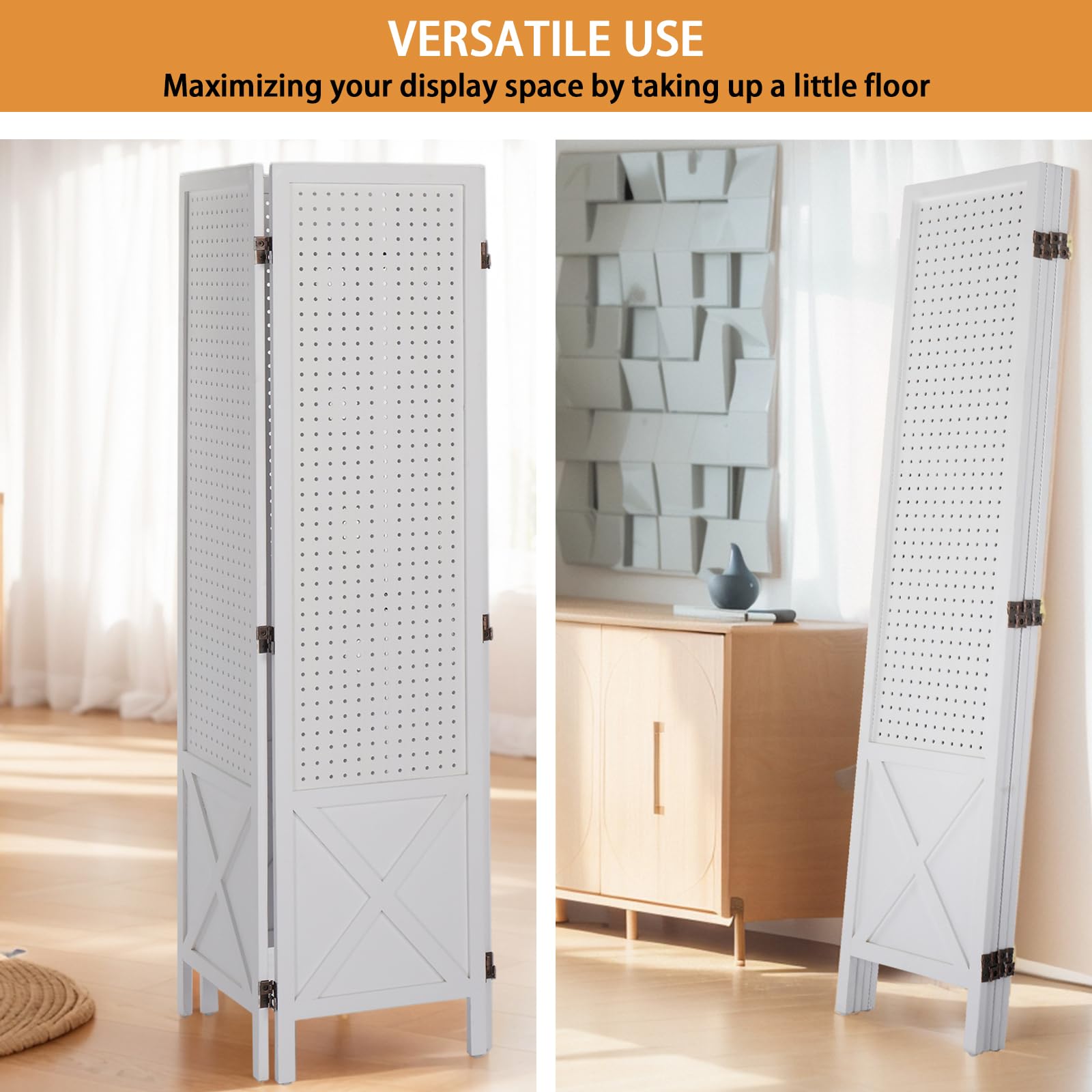 VINGLI 5 FT Freestanding Pegboard Organizer with Support Feet - White 4 Panel Wood Room Divider, Folding Privacy Screen & Display Board for Craft Shows, Retail Stores, Home Office & Event Space Separation