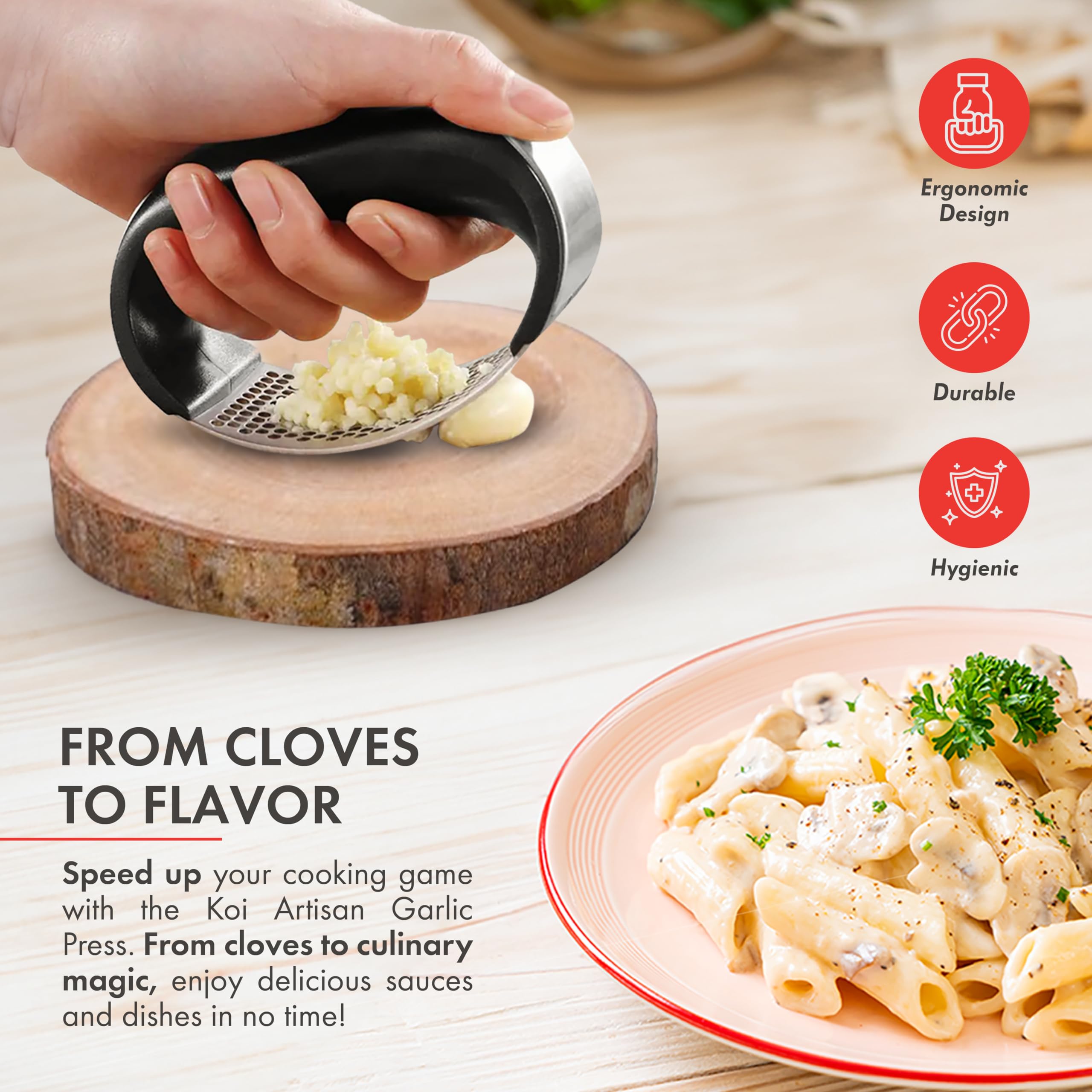 Premium Stainless Steel Garlic Press & Crusher with Ergonomic Wooden Handle - Easy Garlic Peeler for Cooking, Baking, and Meal Prep - Perfect for Home Chefs and Professional Kitchens